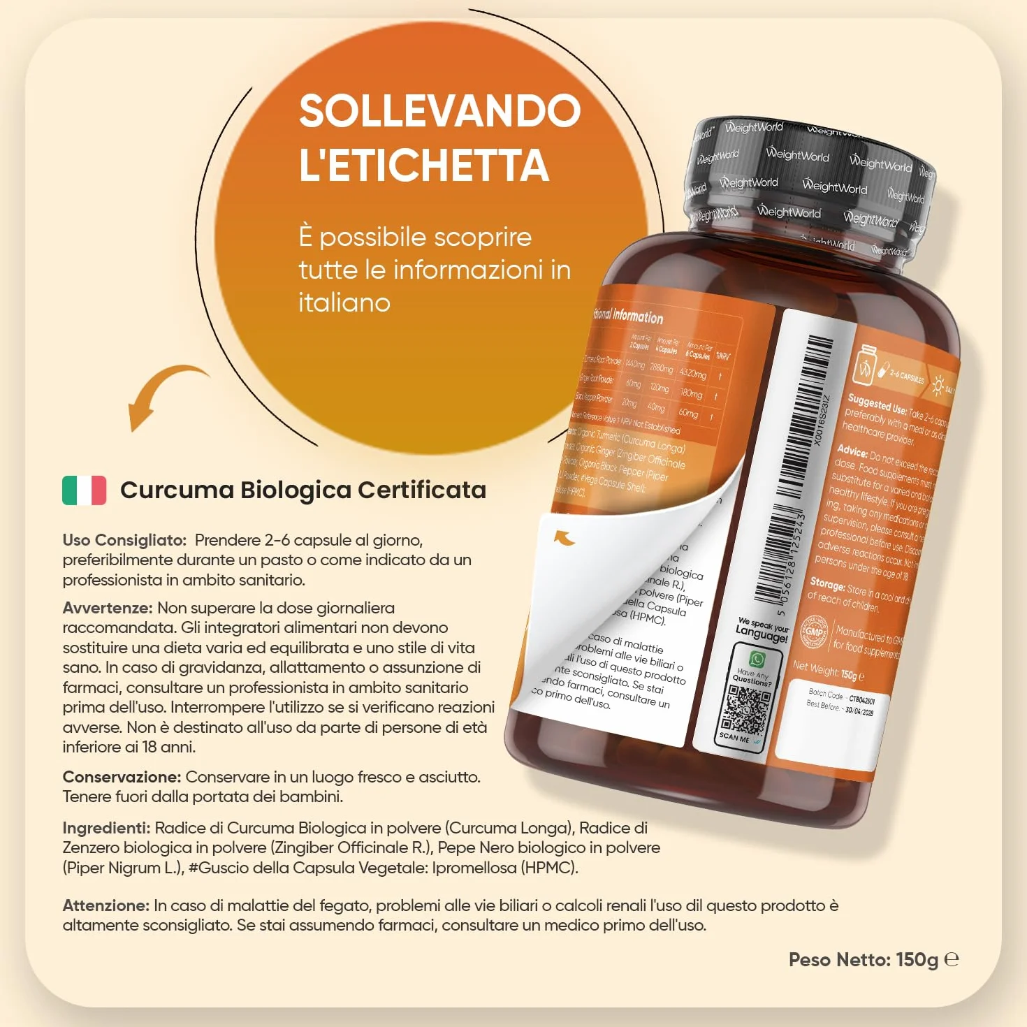 Curcuma Piperina Zenzero Integratore Biologico 1520mg 180 Capsule Vegane con Pepe Nero e Zenzero Senza Glutine