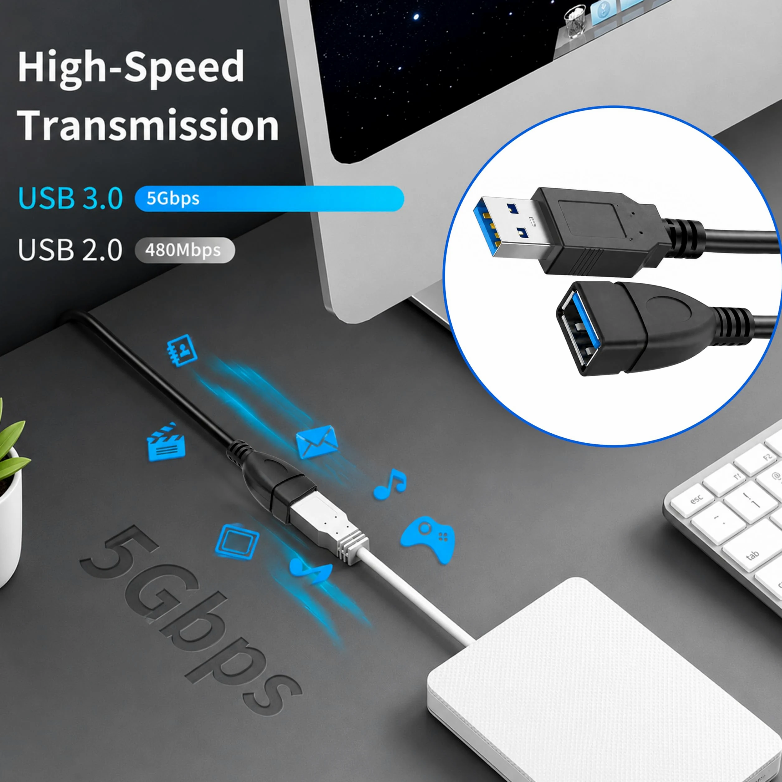 SaiTech IT Breve Durata 1 Piedi del USB 3.0 Extension Cable, USB 3.0 Un Maschio a Femmina Extender Cable Nero 1 Piedi