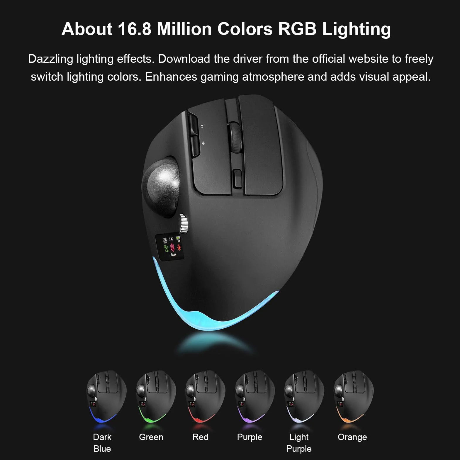Mouse con Trackball Senza Fili (BLACK) | con Display LCD Silenzioso 8000 DPI 8 Pulsanti Retroilluminazione RGB Batteria da 730 MAh per la Progettazione di Lavori di