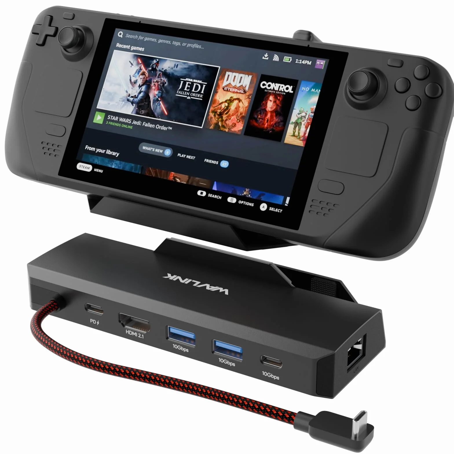 WAVLINK Steam Deck Dock, 6-IN-1 Docking Station per Steam Deck/ROG Ally con 4K@144Hz HDMI 2.1, 100W PD IN, 3x 10G USB 3.2, Gigabit RJ45