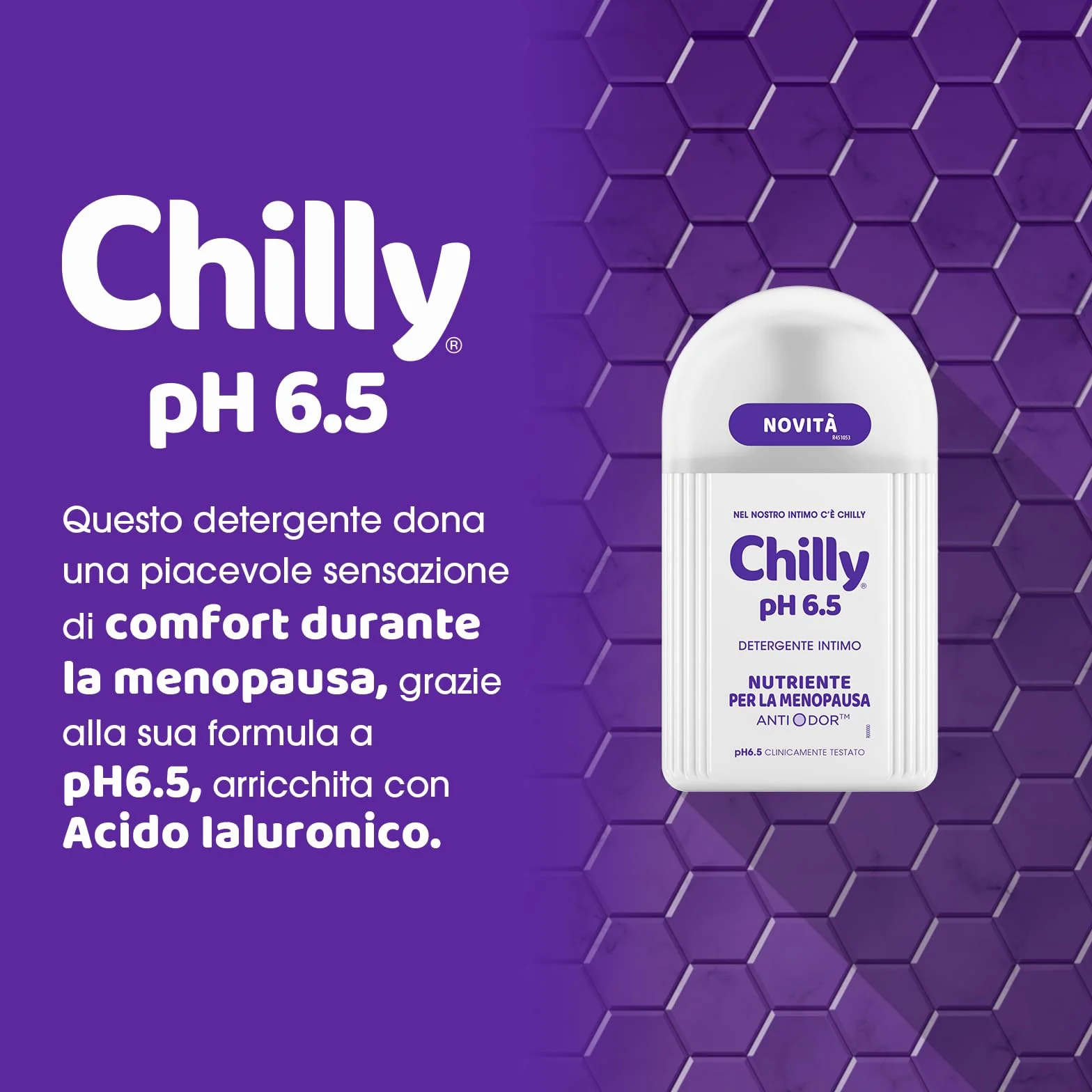 Chilly Detergente Intimo pH 6.5 Nutriente Menopausa Anti-Odor Igiene Intima Acido Ialuronico Idratante 4x300 ml