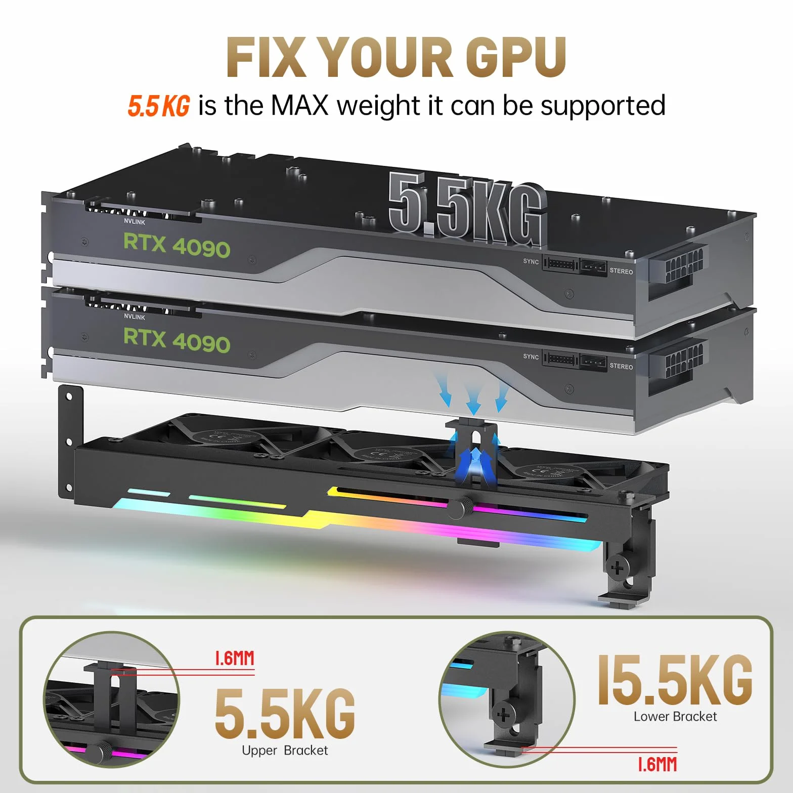 AsiaHorse Ventola per case PC PWM da 80 mm per scheda grafica per computer con supporto per scheda grafica, Ventola GPU ARGB 5V 3PIN con controllo Aura Sync della scheda madre fino a 3000 RPM, Nero