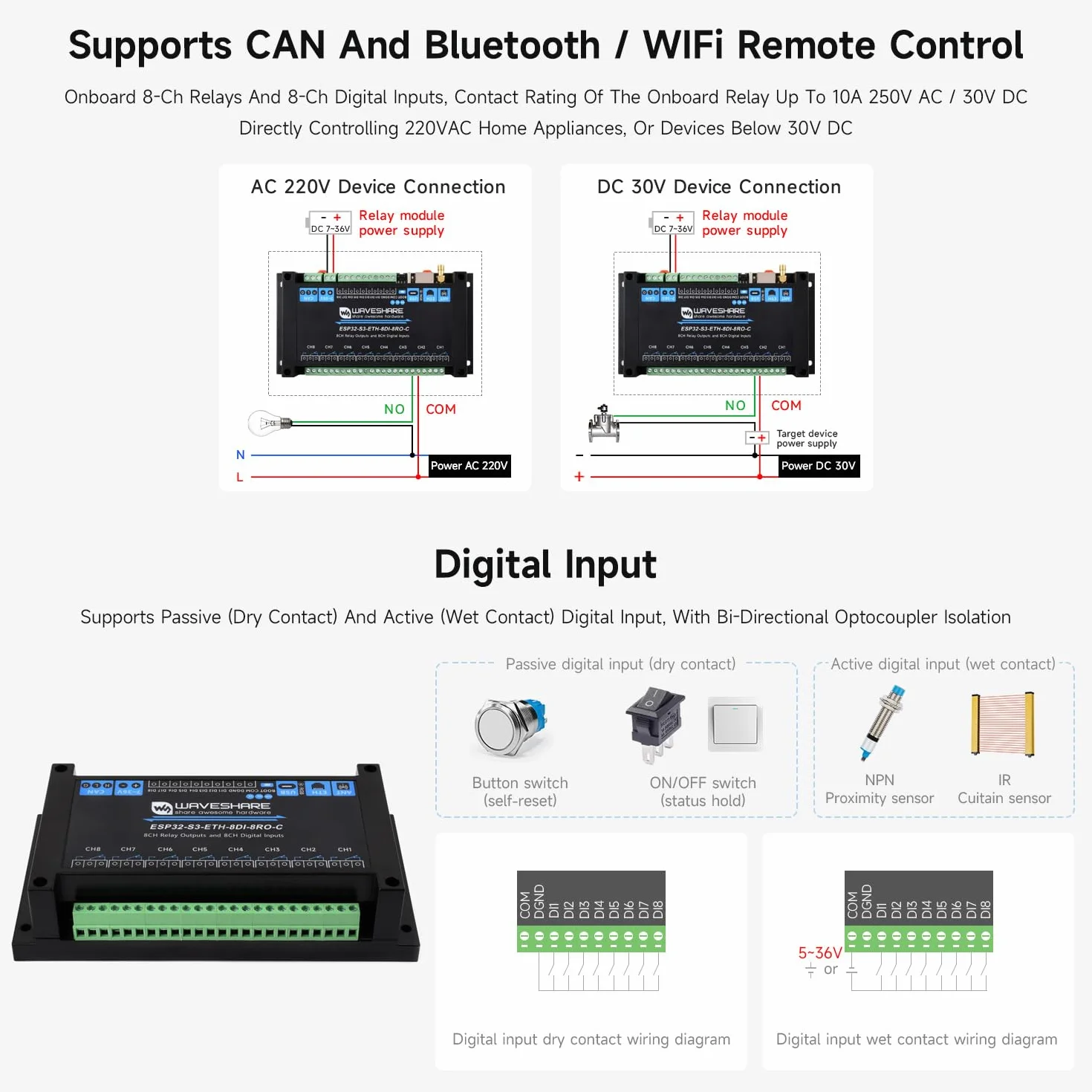 Waveshare ESP32-S3-ETH-8DI-8RO-C(Common Network Port), Industrial 8-Ch ESP32-S3 WiFi Relay Module, Isolated CAN Interface, Xtensa 32-Bit LX7 2-Core Processor, Up To 240MHz, Multi Isolation Protection