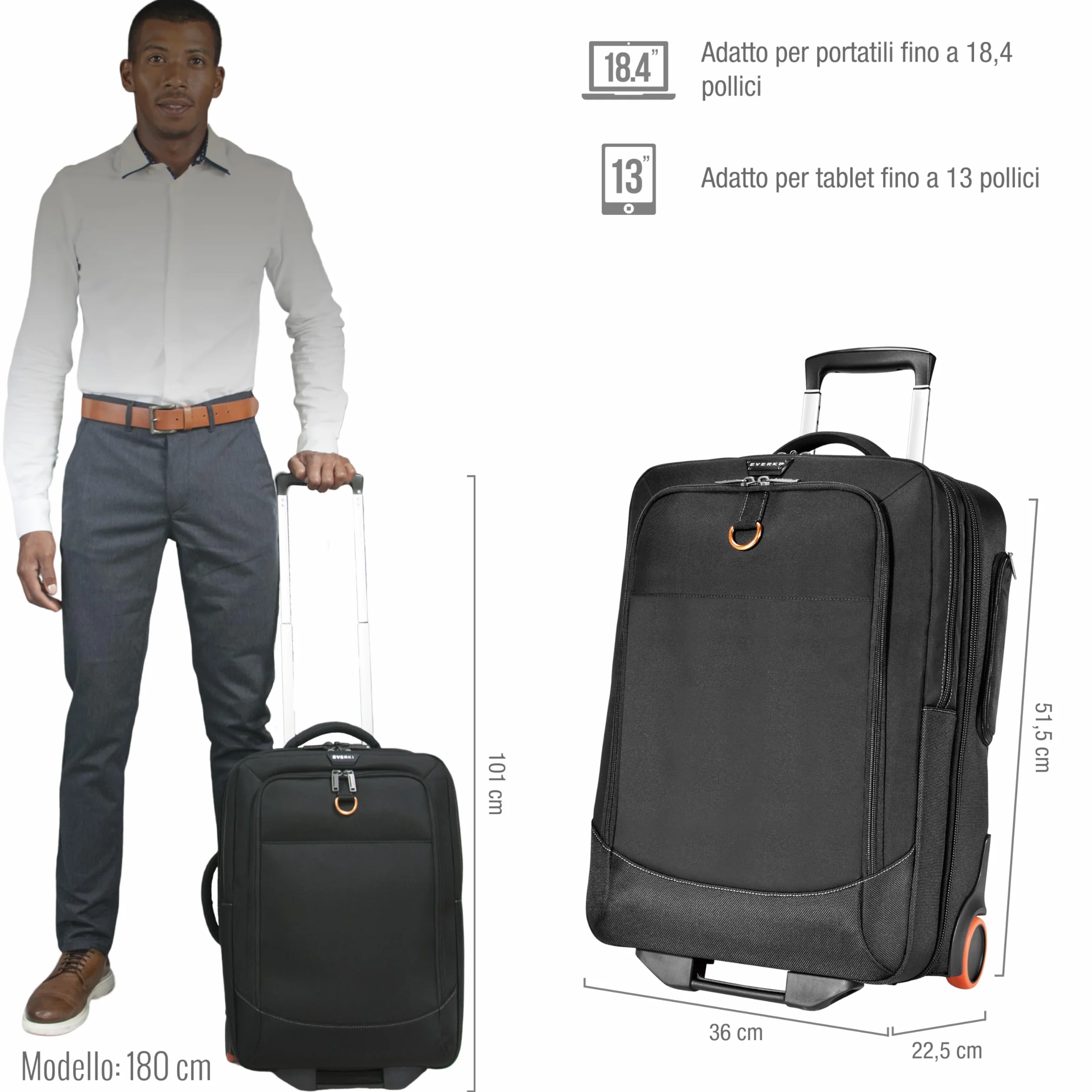 Everki Wheeled 420 Trolley per Laptop 18,4" – Bagaglio a Mano con Ruote, Custodia Rimovibile TSA, Borsa da Viaggio Business & Gaming – Nero