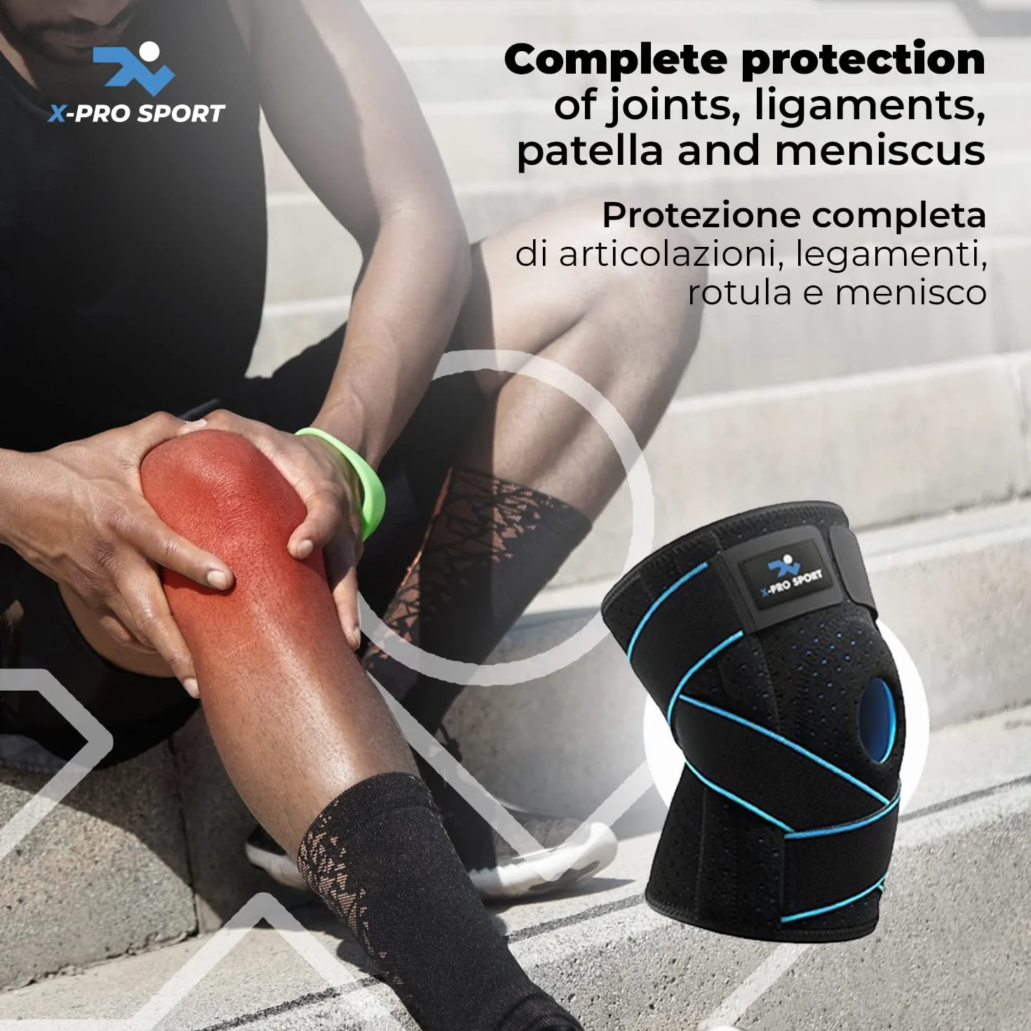 Tutore Ginocchio X-Pro Sport Ginocchiera Rotulea Regolabile Supporto Menisco Legamenti Crociati