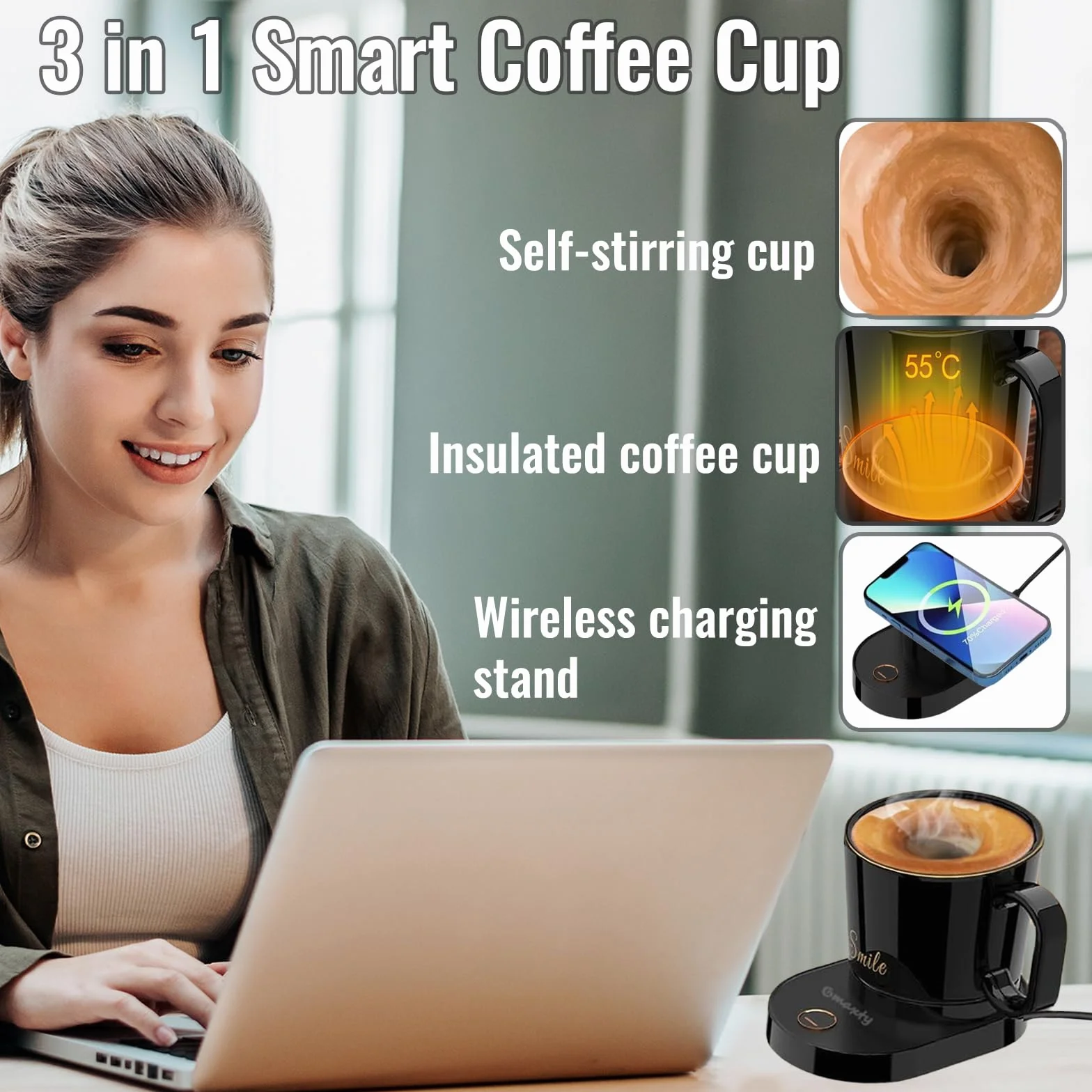 ZONSUSE Tazza Intelligente,Tazze Automescolante con Scaldatazza,Qi Caricatore Wireless,Tazza Riscaldante Temperatura fino a 55°C/131°F,per Casa,Scrivania,Ufficio, Ricarica Wireless 300ml (Nero)