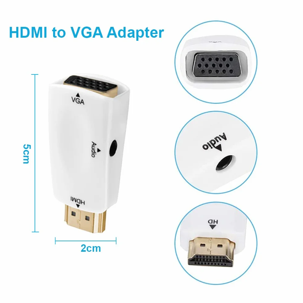 Adattatore da HDMI a VGA con porta audio da 3,5 mm, 1080P HDMI maschio a VGA femmina per PC portatili monitor proiettori（Bianco）