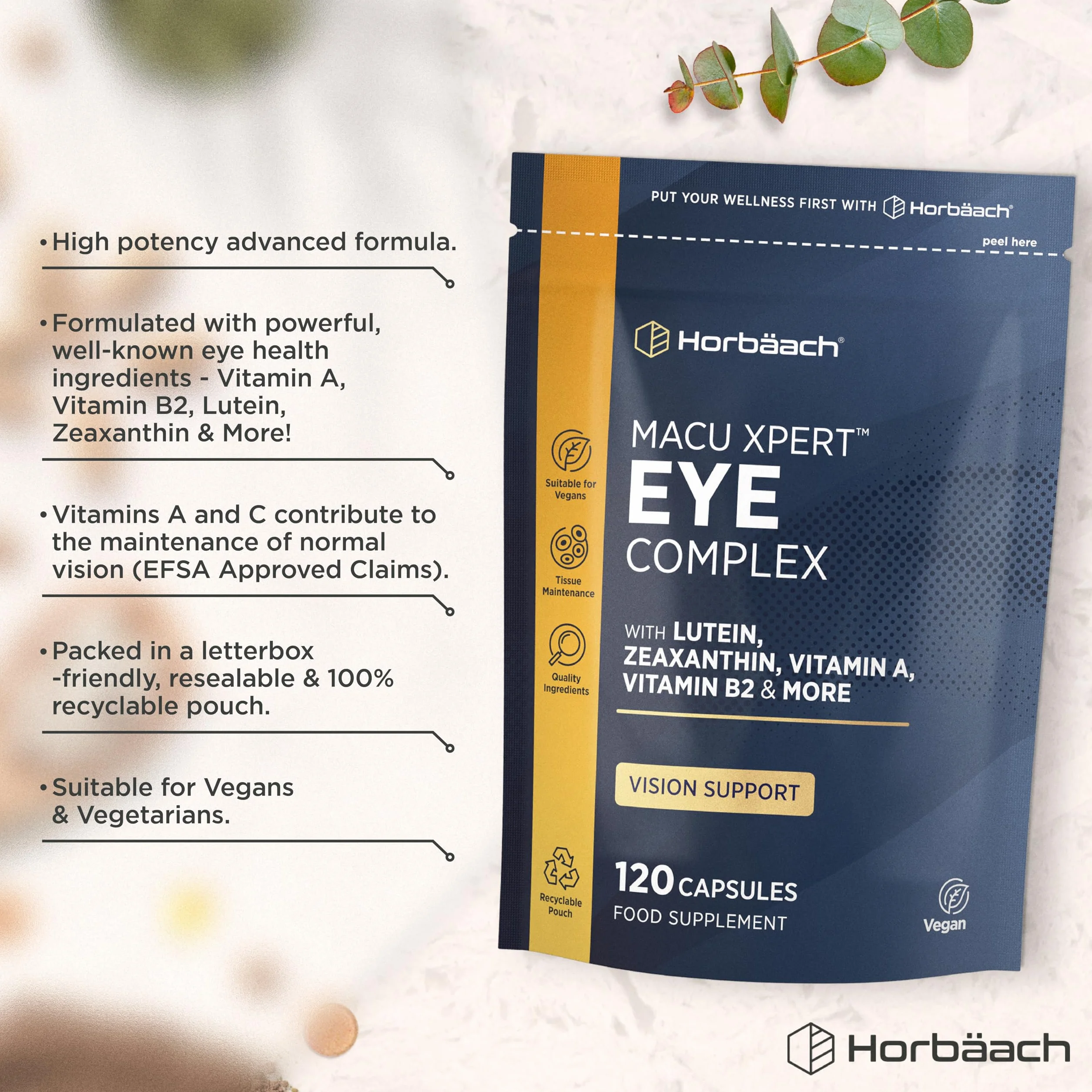 Horbaach Integratore Occhi con Luteina e Zeaxantina Alto Dosaggio 120 Compresse Vegane