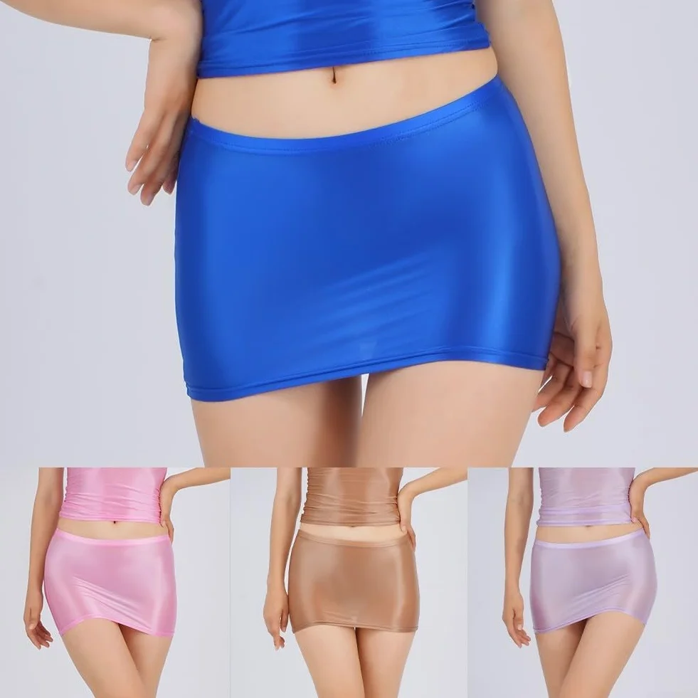 Minigonna sexy da donna in stile lingerie con texture seta oleosa lucida