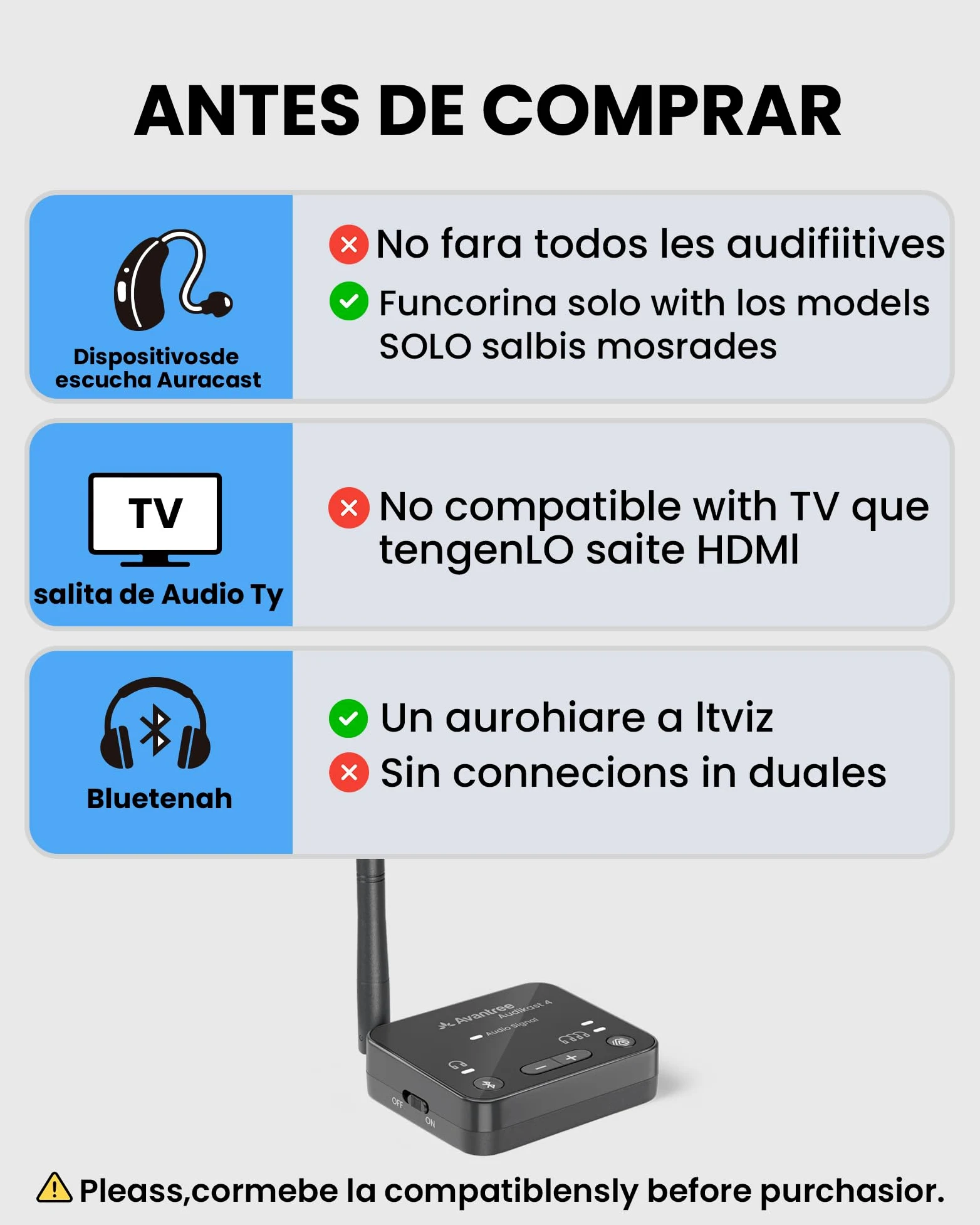 Avantree Audikast 4 & AuraLink Bundle – Trasmettitore e Ricevitore TV Auracast & Bluetooth per Cuffie & dispositivi di ascolto potenziato selezionati, e Casse Attive con ingresso 3,5 mm AUX o RCA