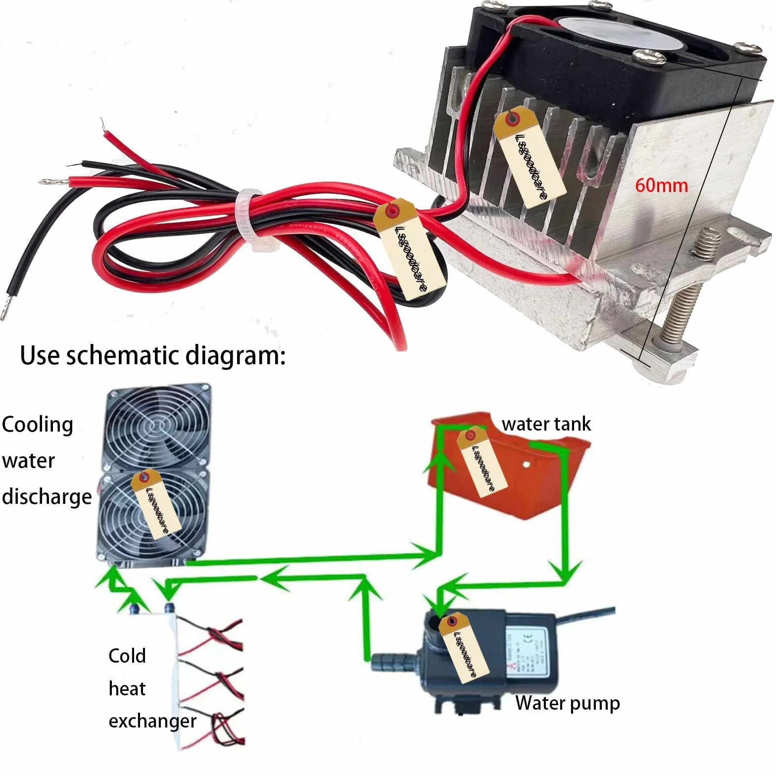 Lsgoodcare Sistema di raffreddamento termoelettrico Peltier 12V, raffreddamento a semiconduttore Kit fai da te per radiatore Mini condizionatore Frigorifero + Tubo di raffreddamento ad acqua