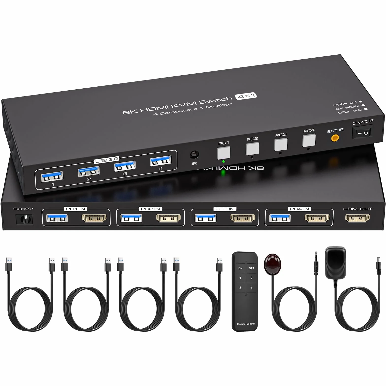 VPFET 4K144Hz HDMI 2.1 KVM Switch 4 PC 1 Monitor 8K60Hz Simulazione EDID 4 Porte KVM Commutatore per 4 parti PC 1 monitor e 4 dispositivi USB 3.0 Tastiera Mouse Stampante con 4 cavi USB 3.0