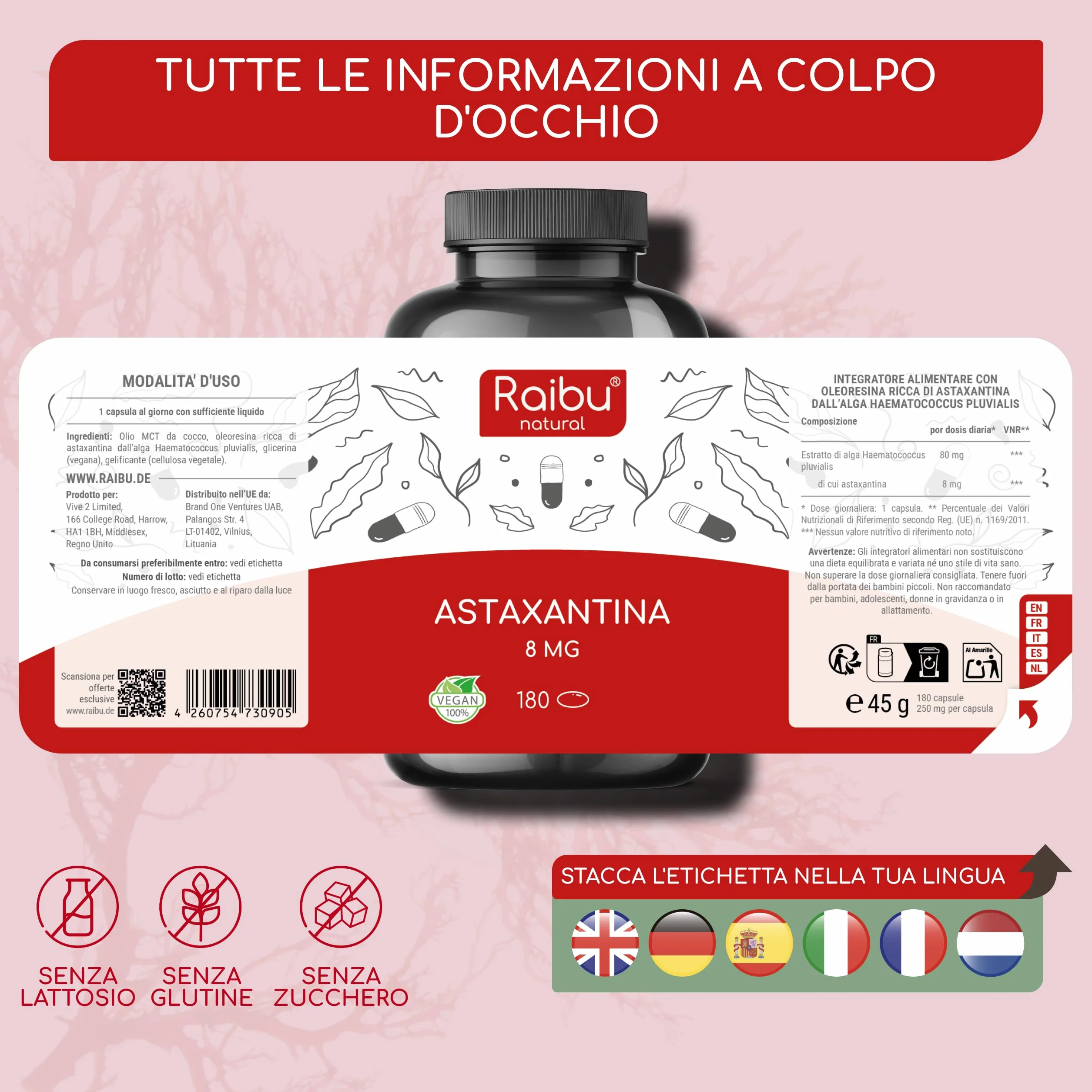 Astaxantina Pura 80 mg 180 Capsule dall’alga Haematococcus pluvialis Antiossidante senza OGM