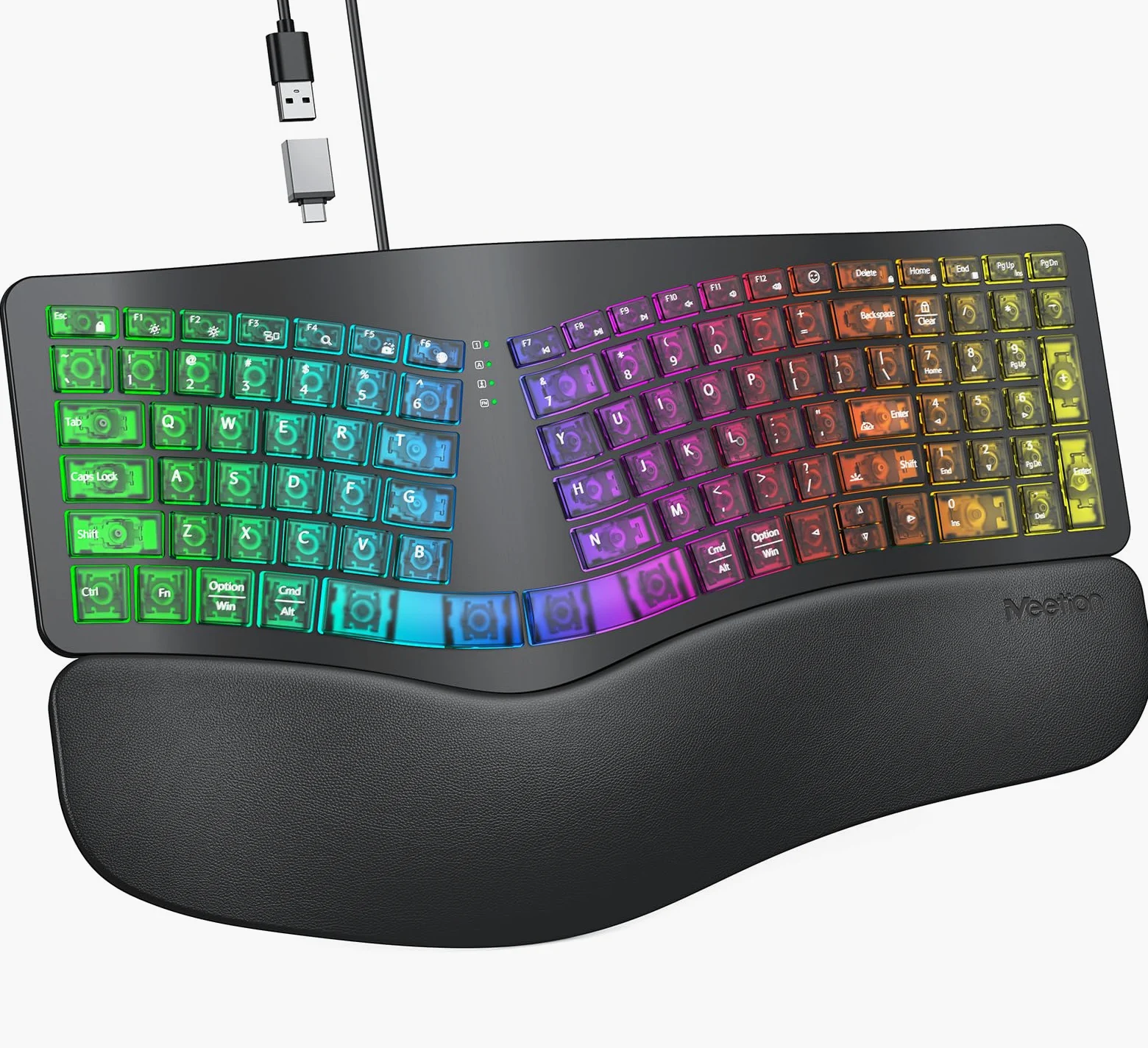MEETION Tastiera ergonomica cablata, retroilluminazione trasparente a 7 colori, 4 luminosità, 1 retroilluminazione RGB respiratoria, cuscino poggiapolsi, adattatore USB-A/USB-C, tastiera Ergo per