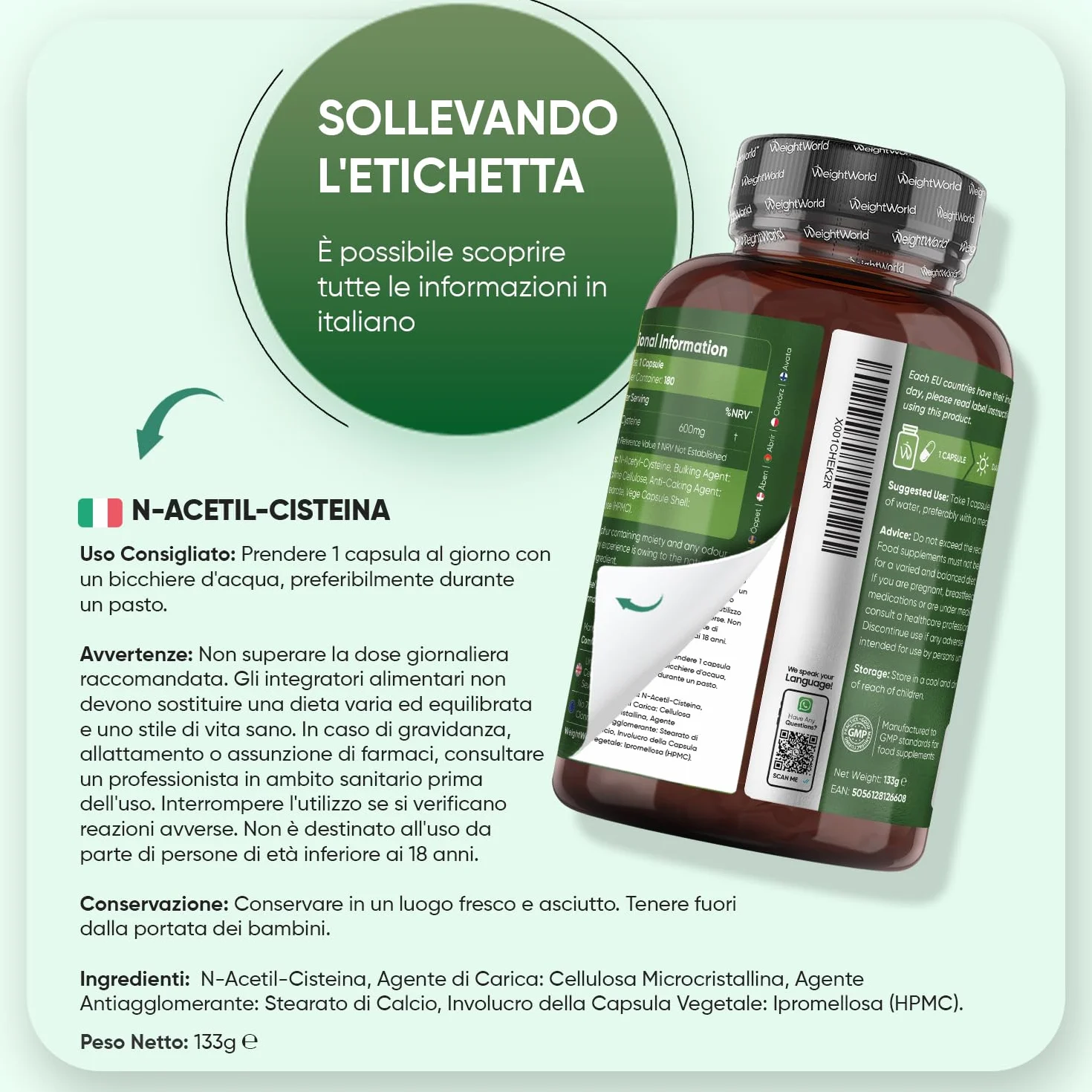 NAC N-Acetil-Cisteina Vegana 600mg 180 Capsule Integratore Uomo Donna