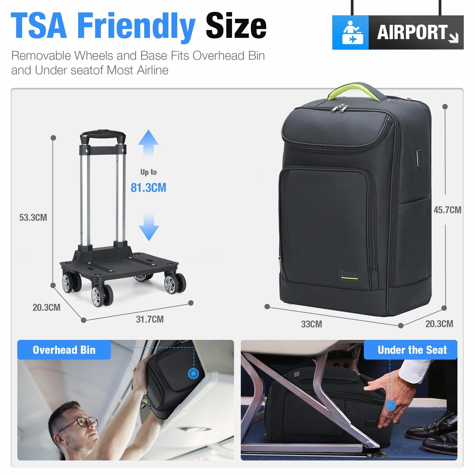 Borsa per Laptop 17.3 Pollici con Ruote Sganciabile, Trolley da Viaggio Impermeabile Nero