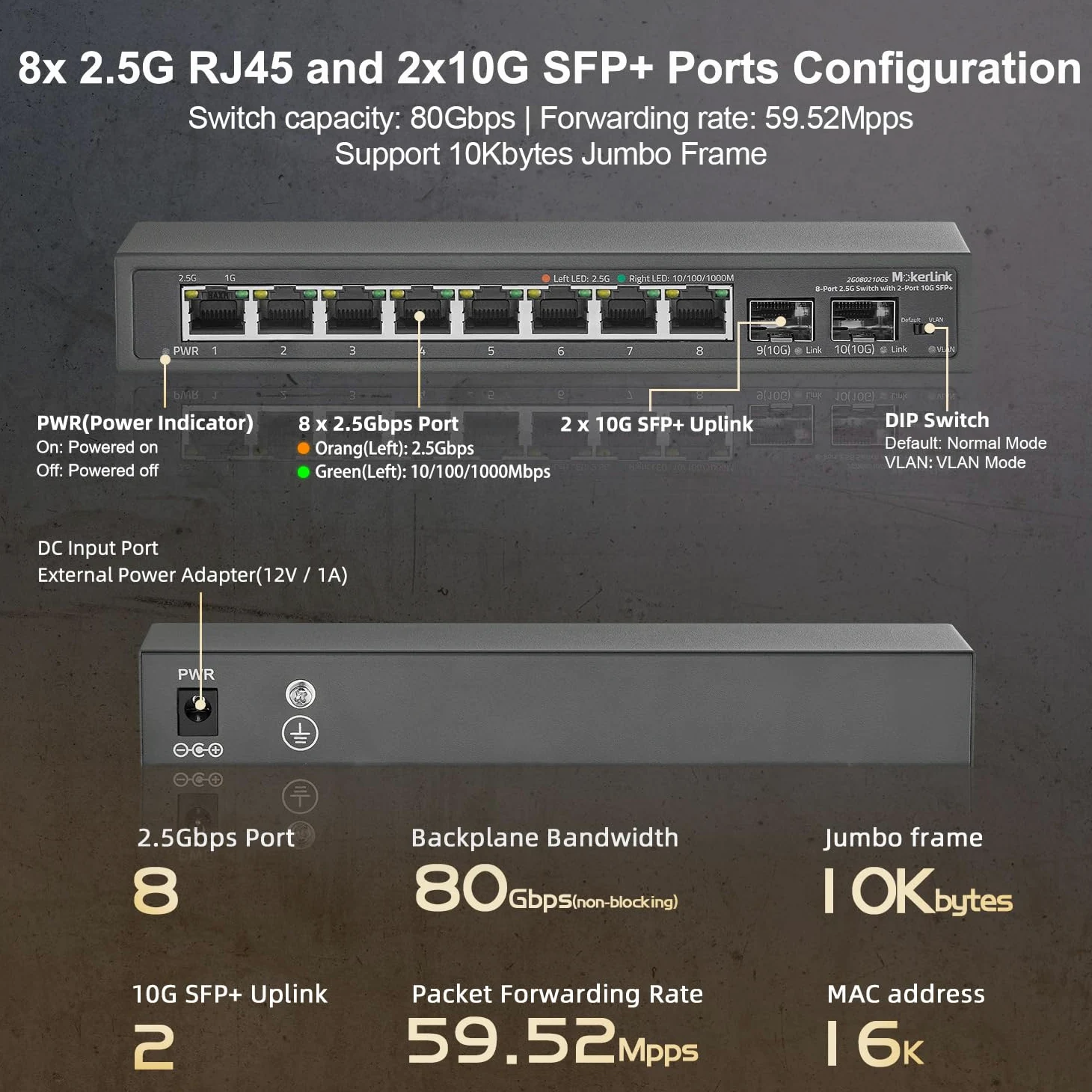 MokerLink 8 porte 2.5Gigabit Ethernet Switch con 2x10G SFP Slot, 8 x 2.5G Base-T porte, isolamento VLAN, metallo Unmanaged Fanless Small Network Switch
