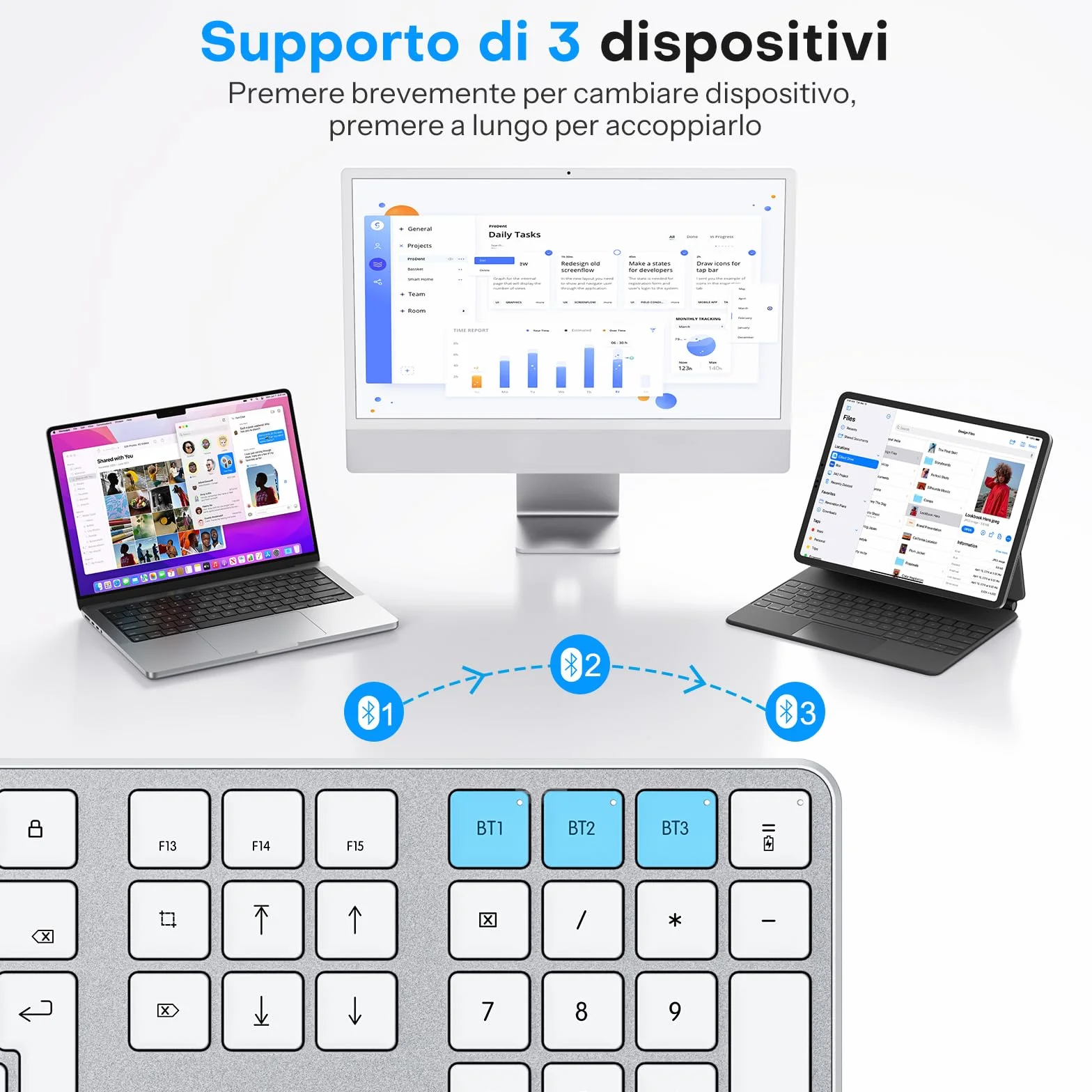 OMOTON Kit Tastiera e Mouse Wireless Bluetooth per Mac, Tastiera e Mouse Ricaricabile con 3 Canali Bluetooth per Mac Pro/Mini, MacBook Pro/Air, iMac, iMac Pro, Layout Italiano QWERTY, Argento