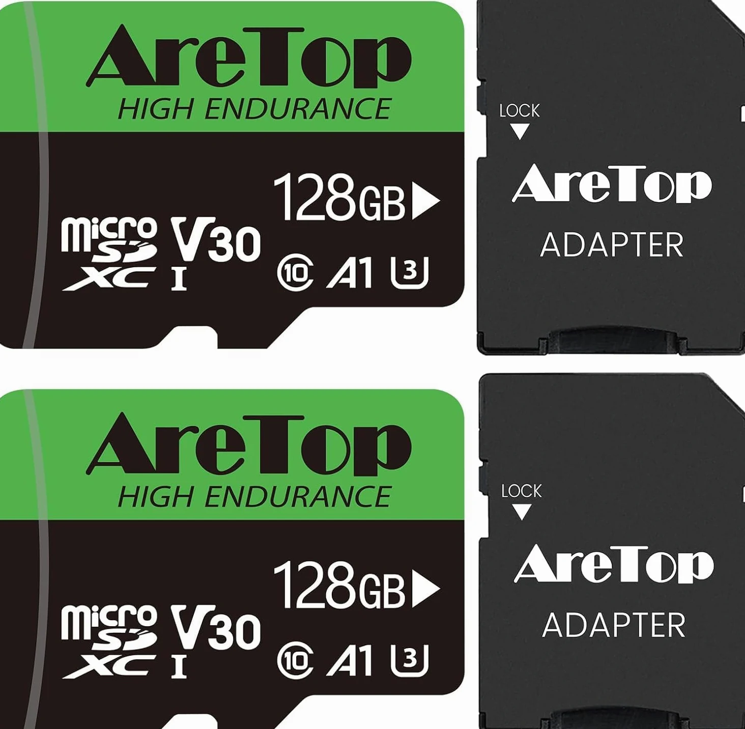 Aretop Scheda Micro SD da 128 GB, 2 pezzi, con 2 adattatori MicroSDXC, UHS-I U3 V30 A1, registrazione video Full HD Micro SD Memory Card per fotocamera/smartphone/drone/Dash Cam
