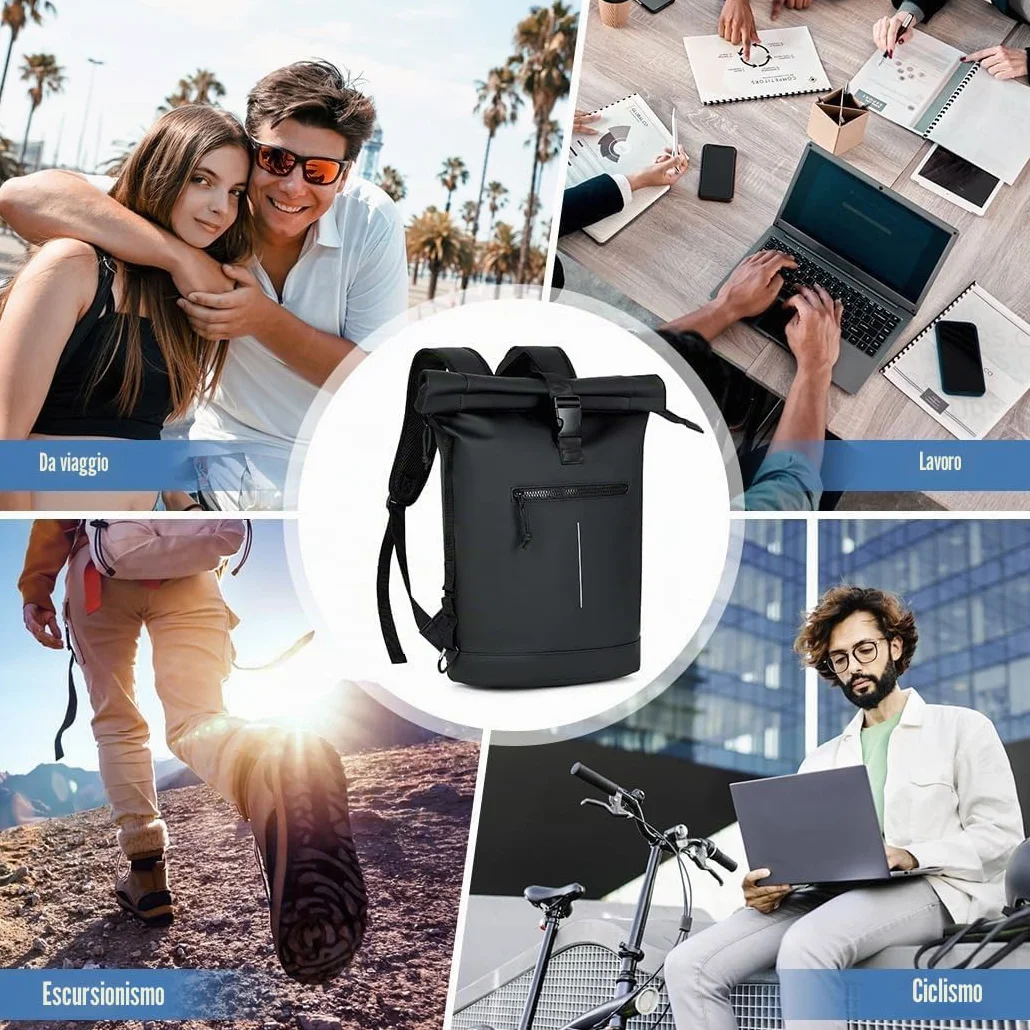 Lekeinchi Zaino Rolltop Uomo Donna Porta PC 17 Pollici | Zaino Impermeabile Uomo Donna - Grande Zaino con Strisce Riflettenti, Zaini da Viaggio Espandibile - Scuola Lavoro Università Ciclismo - Nero