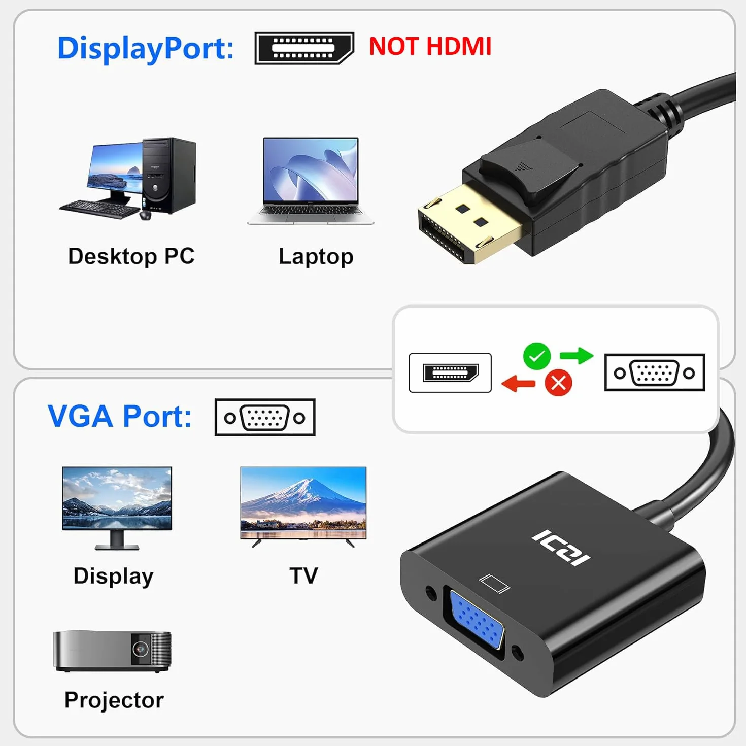 ICZI Adattatore DP a VGA 1080p, convertitore DisplayPort a VGA con contatti placcati in oro, cavo DP maschio a VGA femmina per schermi monitor HDTV proiettori ecc, nero