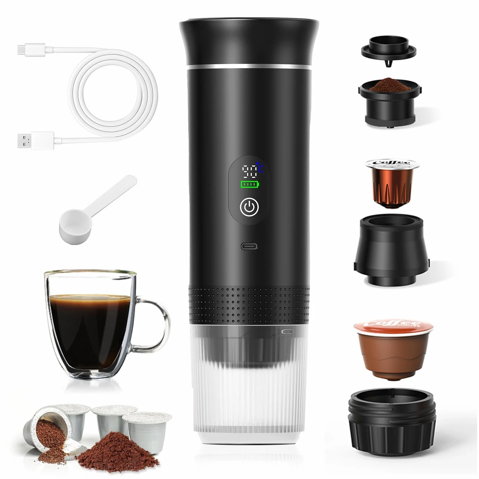 Macchina da Caffè Portatile 3 in 1 con Display Temperatura, 80ml Acqua 20 Bar Modalità Caldo/Freddo, USB-C 7500mAh, Compatibile con Capsule e Caffè Macinato