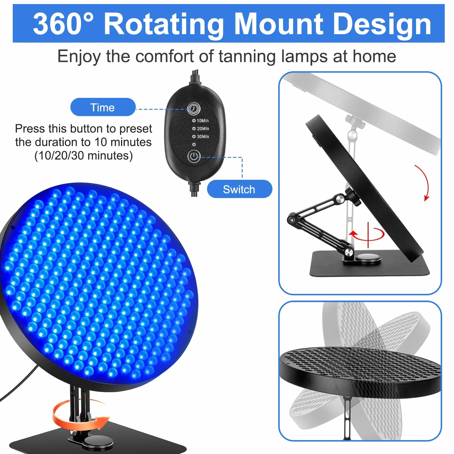 Solarium per la casa 460 NM 250 LED 50 W lampada abbronzante supporto in metallo regolabile 360° occhiali solarium corpo e viso