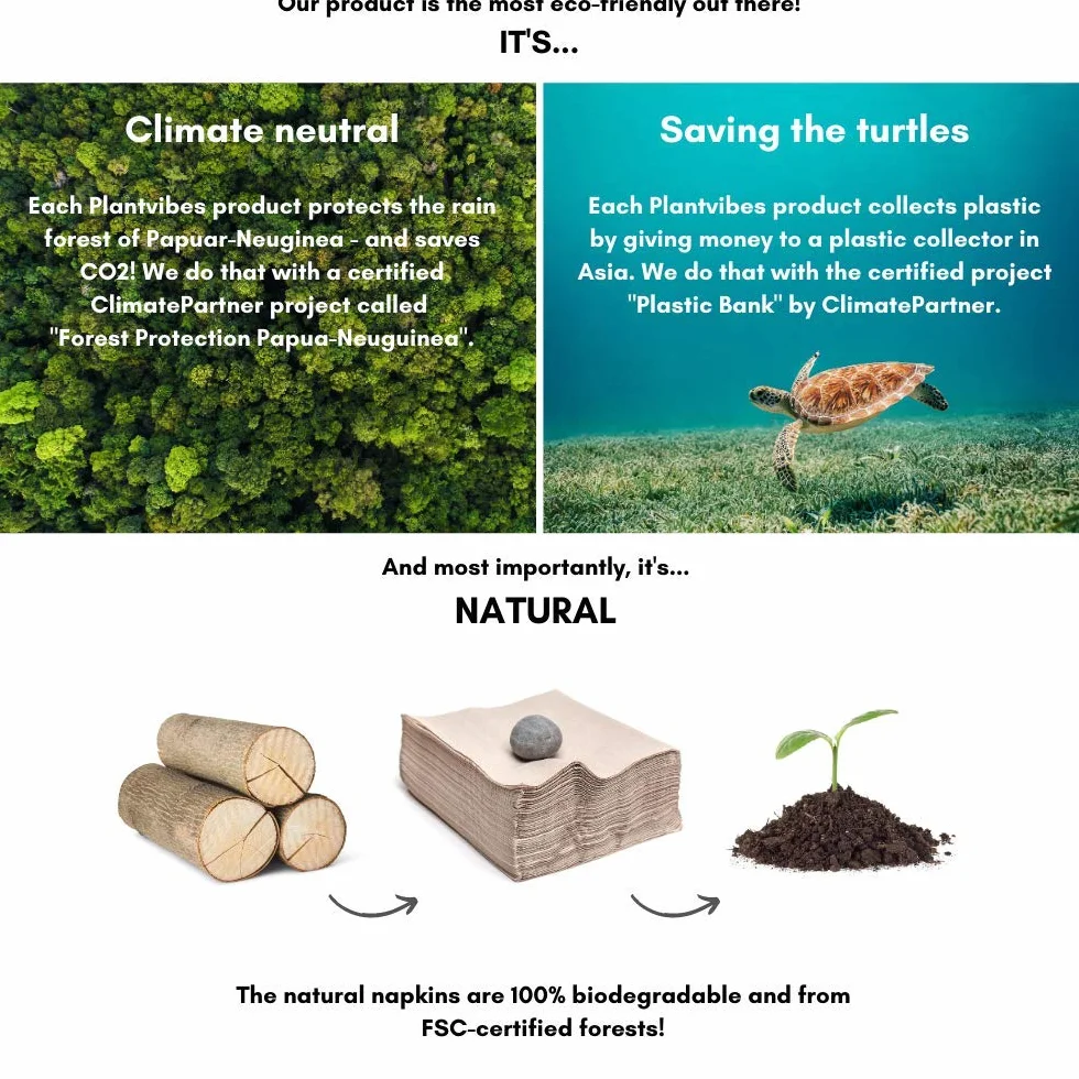 Plantvibes® 100 tovaglioli di carta ecologici biodegradabili 33x33 cm