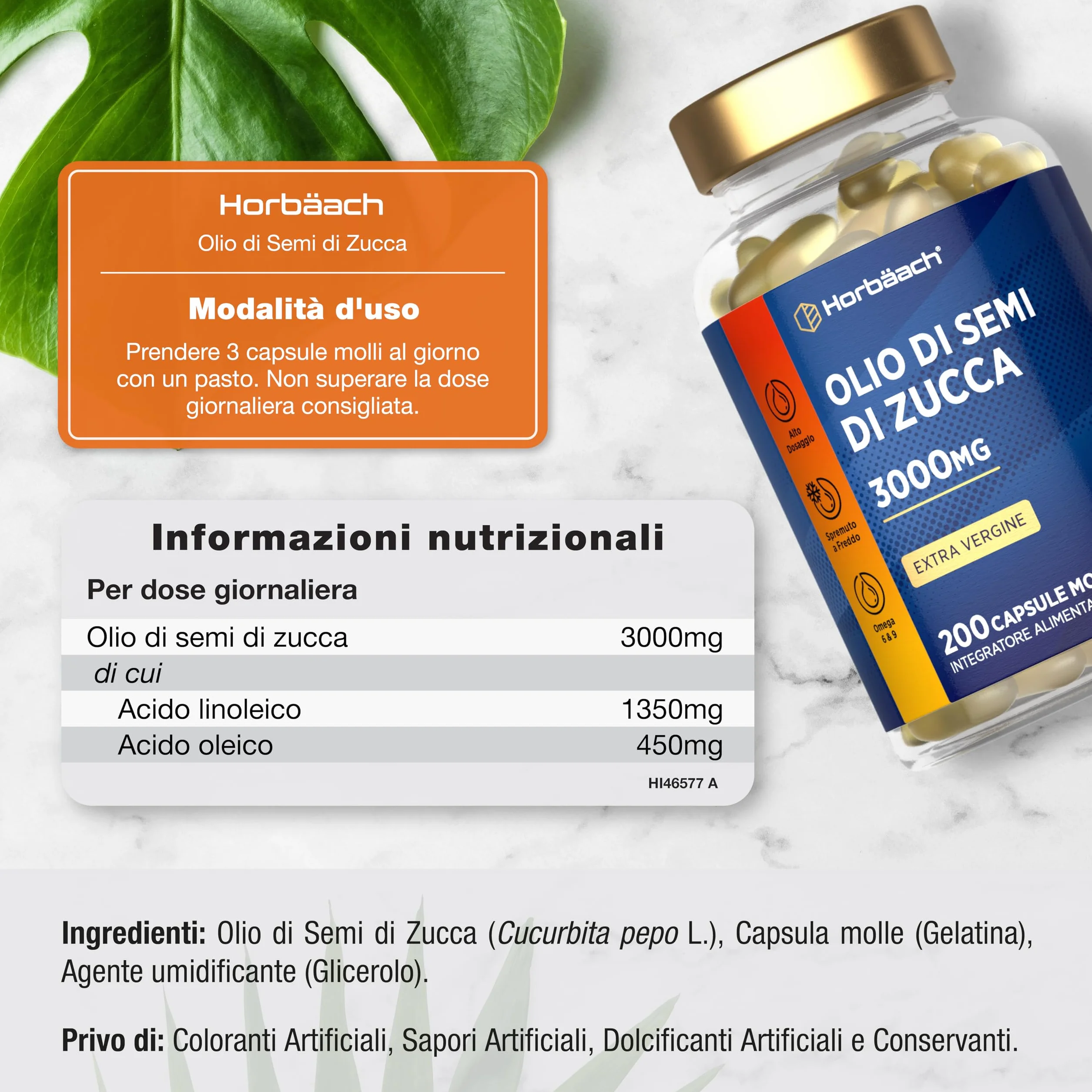 Olio di Semi di Zucca Capsule 3000 mg Horbaach Integratore 200 capsule molli