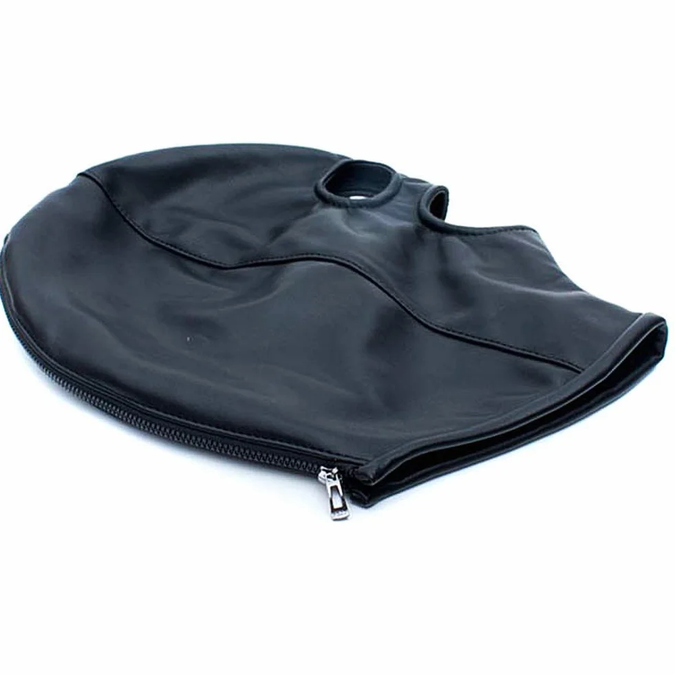 Maschera Pelle Erotica 3 Fori con Cerniera Aperta Occhi Bocca Hollow Bondage Fetish Cosplay Sex Toy Nero