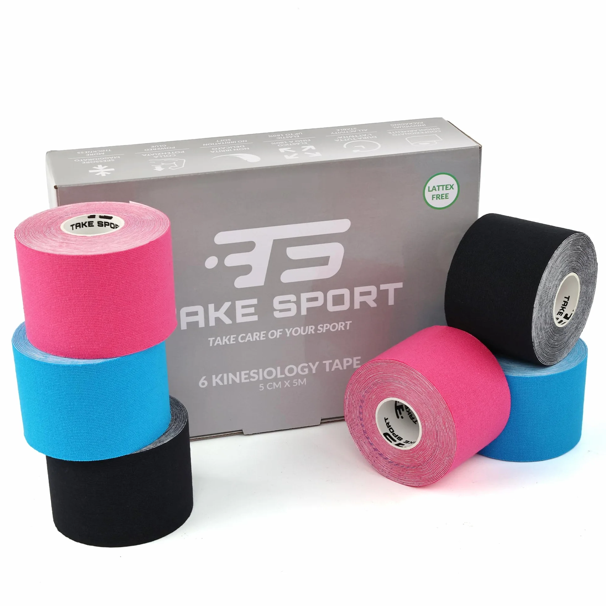 Kinesio Tape Nastro Kinesiologico 6 rotoli 5m 95% Cotone 5% Spandex Elastico