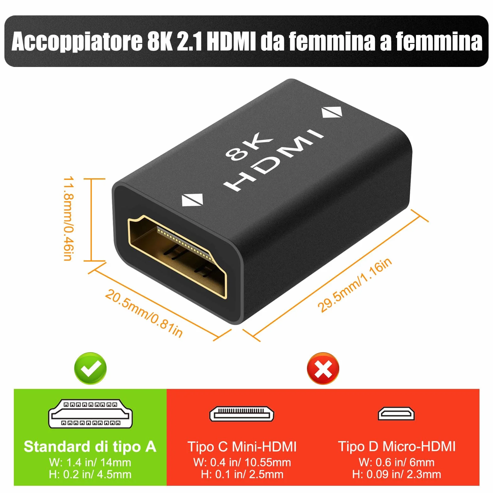 Adattatore HDMI 8K, prolunga HDMI 2.1, connettore femmina a femmina, supporto adattatore 8K@60Hz, 4K@120Hz UHD HDR eARC 3D Dolby, per laptop, HDTV, PC, monitor, Roku TV, 1 pezzo