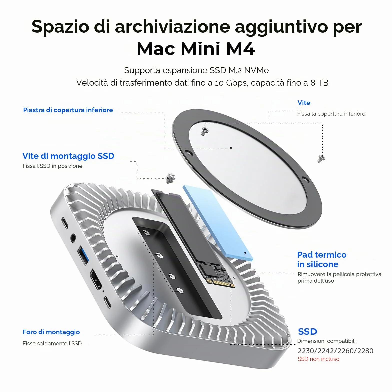 Dock per Mac mini M4 e M4 Pro 2024, supporto in alluminio e hub HDMI 4K60Hz, alloggiamento SSD M.2 NVMe/SATA, ricarica USB-C, SD/TF, audio
