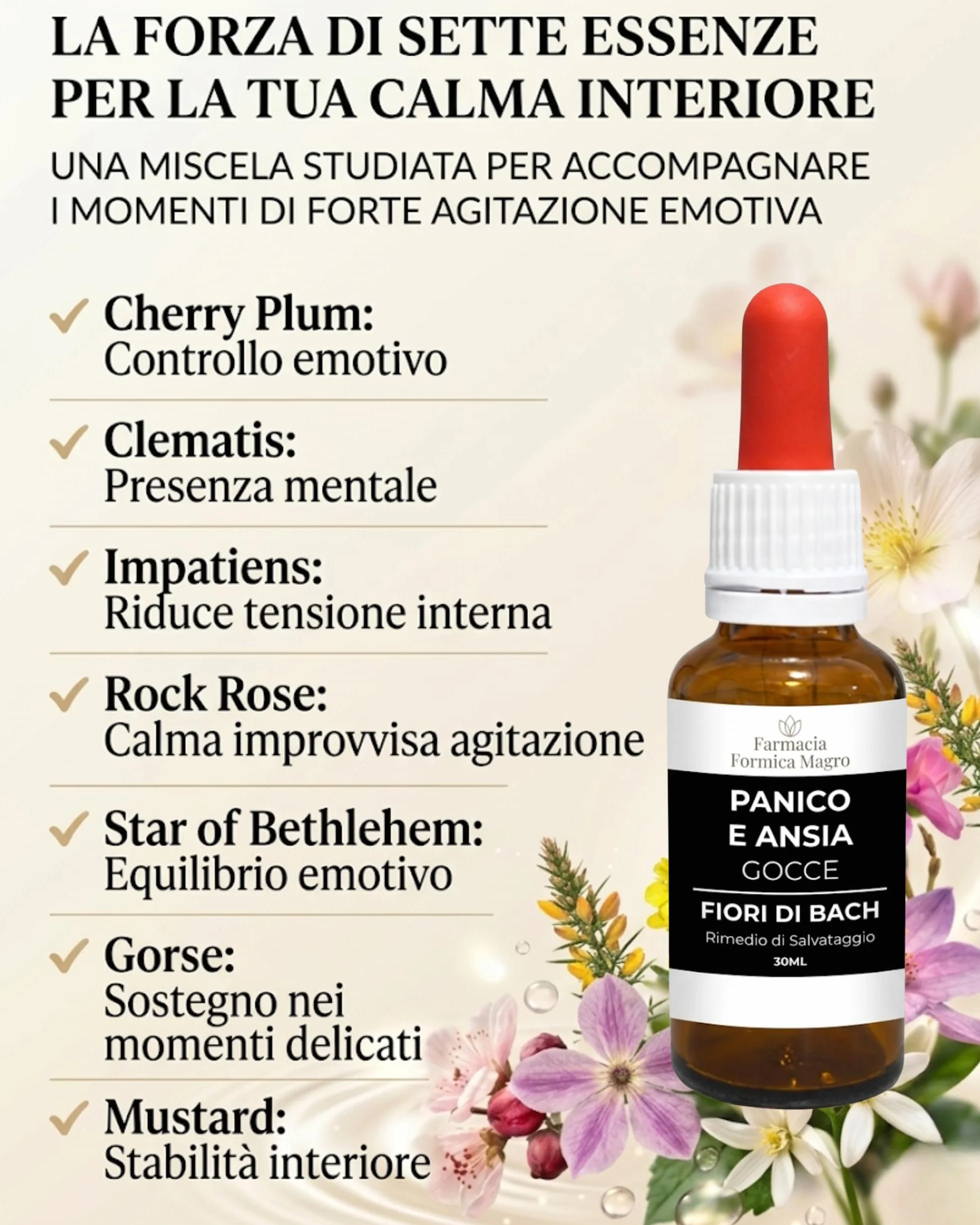 FARMACIA FORMICA Fiori di Bach per Ansia e Stress 30 Ml, Gocce Ansia con 7 Essenze Originali Dr. Bach