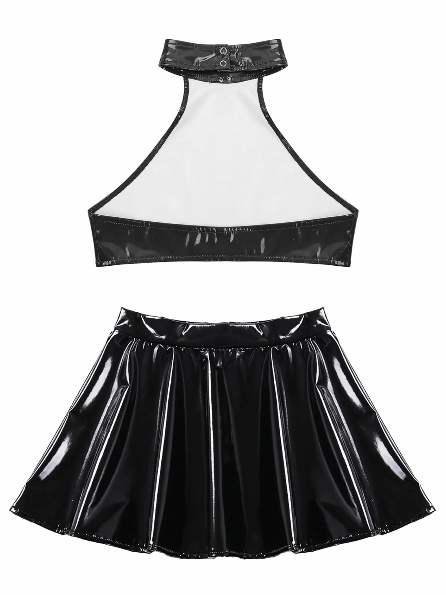 Women Wetlook Latex Lingerie Bustier Crop Top Skater Dress Fetish Party Clubwear
