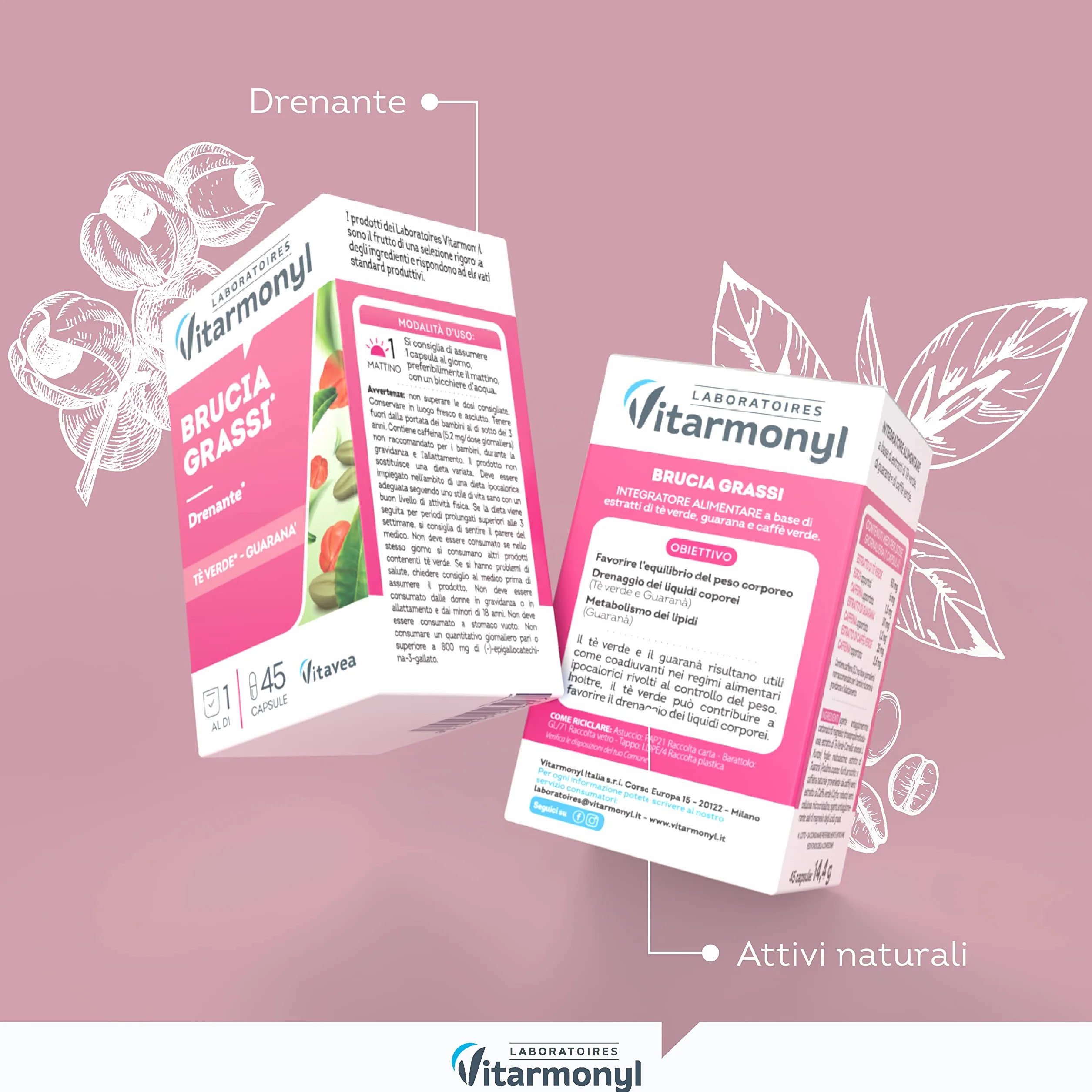 Vitarmonyl Integratore Drenante Tè Verde e Guaranà 45 Capsule Supporto Metabolismo Energetico