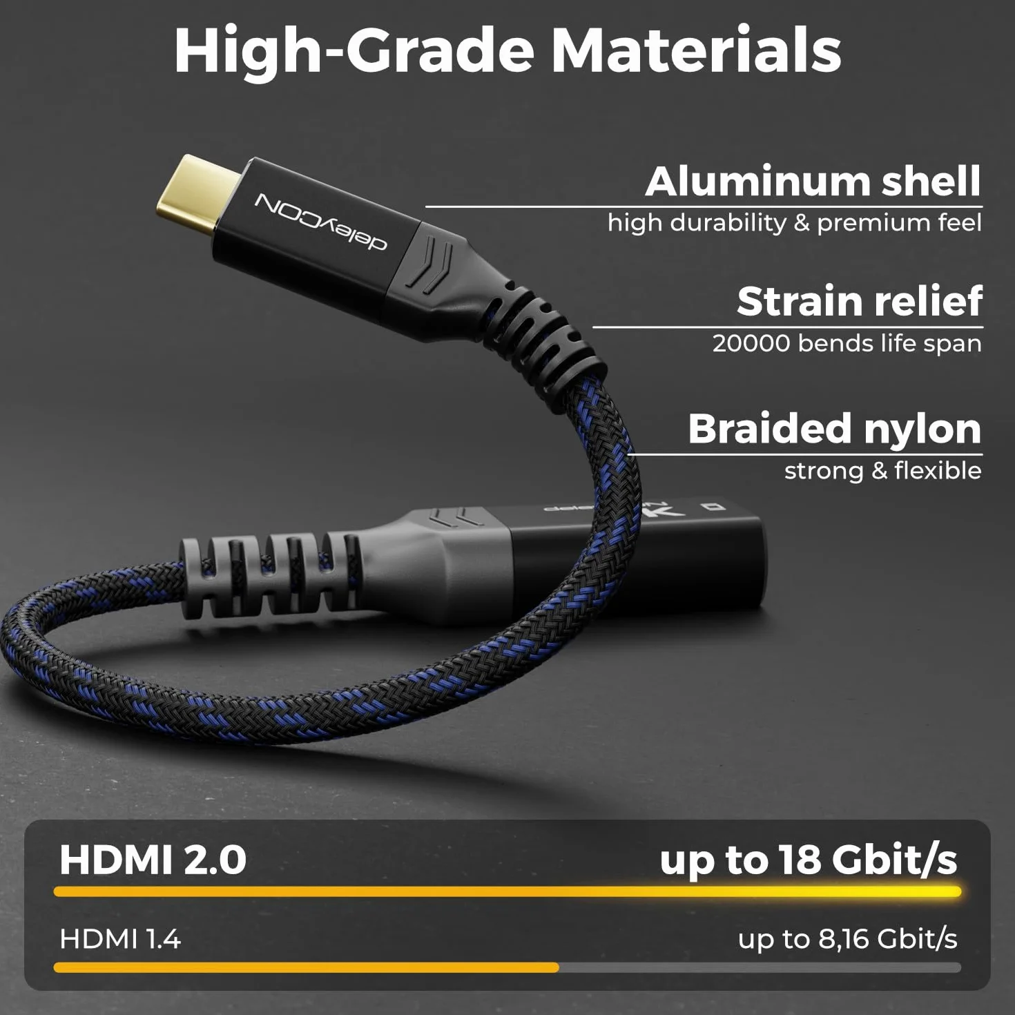 deleyCON Adattatore USB-C a HDMI 4K Alluminio (4K@60Hz Monitor/TV/Proiettore) Thunderbolt 3/4, iPhone 17 16 15 Pro Max Air, MacBook, iPad Pro/Air, Galaxy S25 S24 S23, Notebook, Tablet