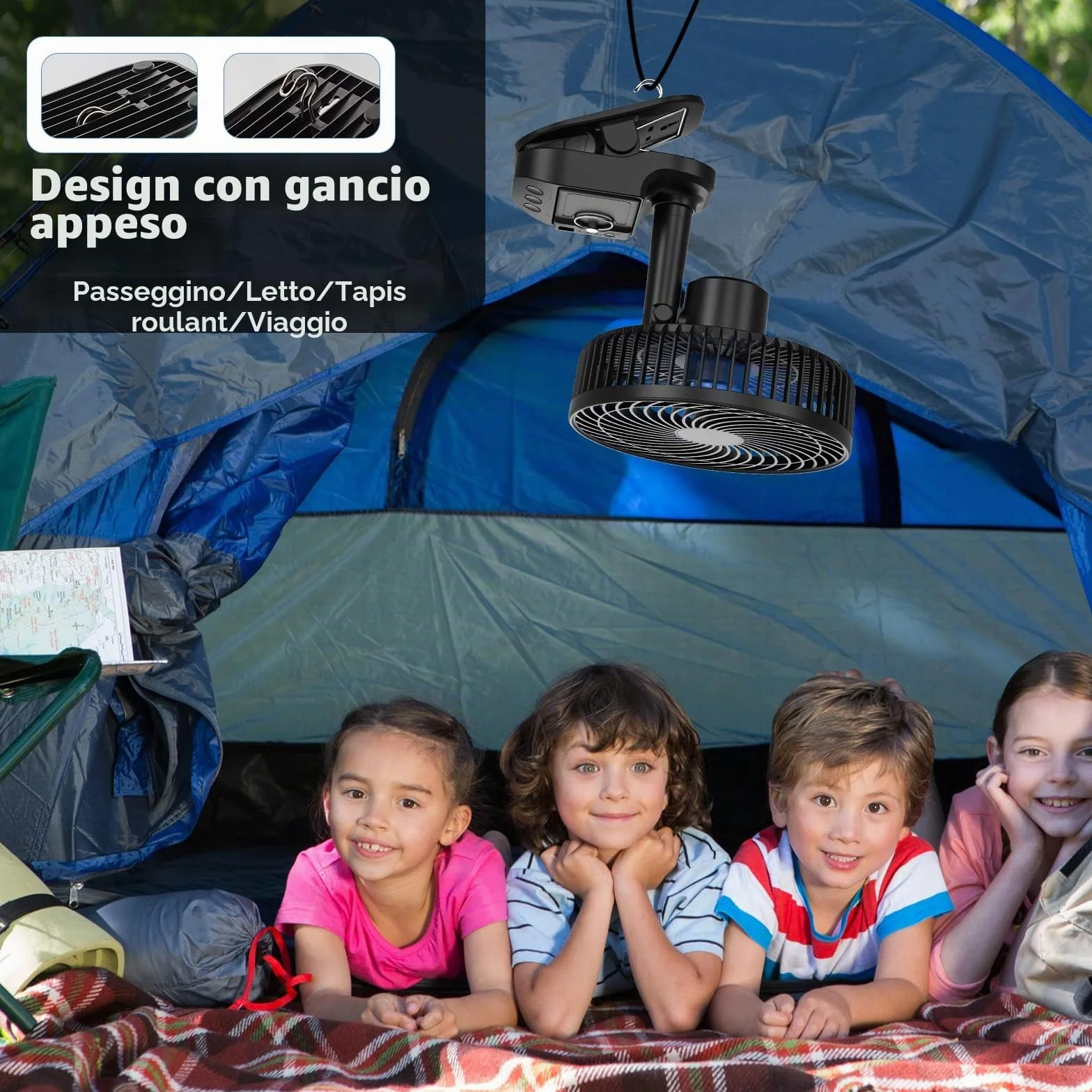ATEngeus Ventilatore USB 4 in1, Ventilatore con clip da 8 inch, Ventilatore batteria da 10000 mAh, 5 velocità, Rotazione multi-angolo, Funzione Cronometraggio, con clip e gancio, per casa, ufficio