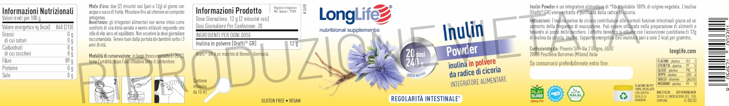 Inulina radice di cicoria LongLife® Fibra solubile 100% vegetale 20 dosi