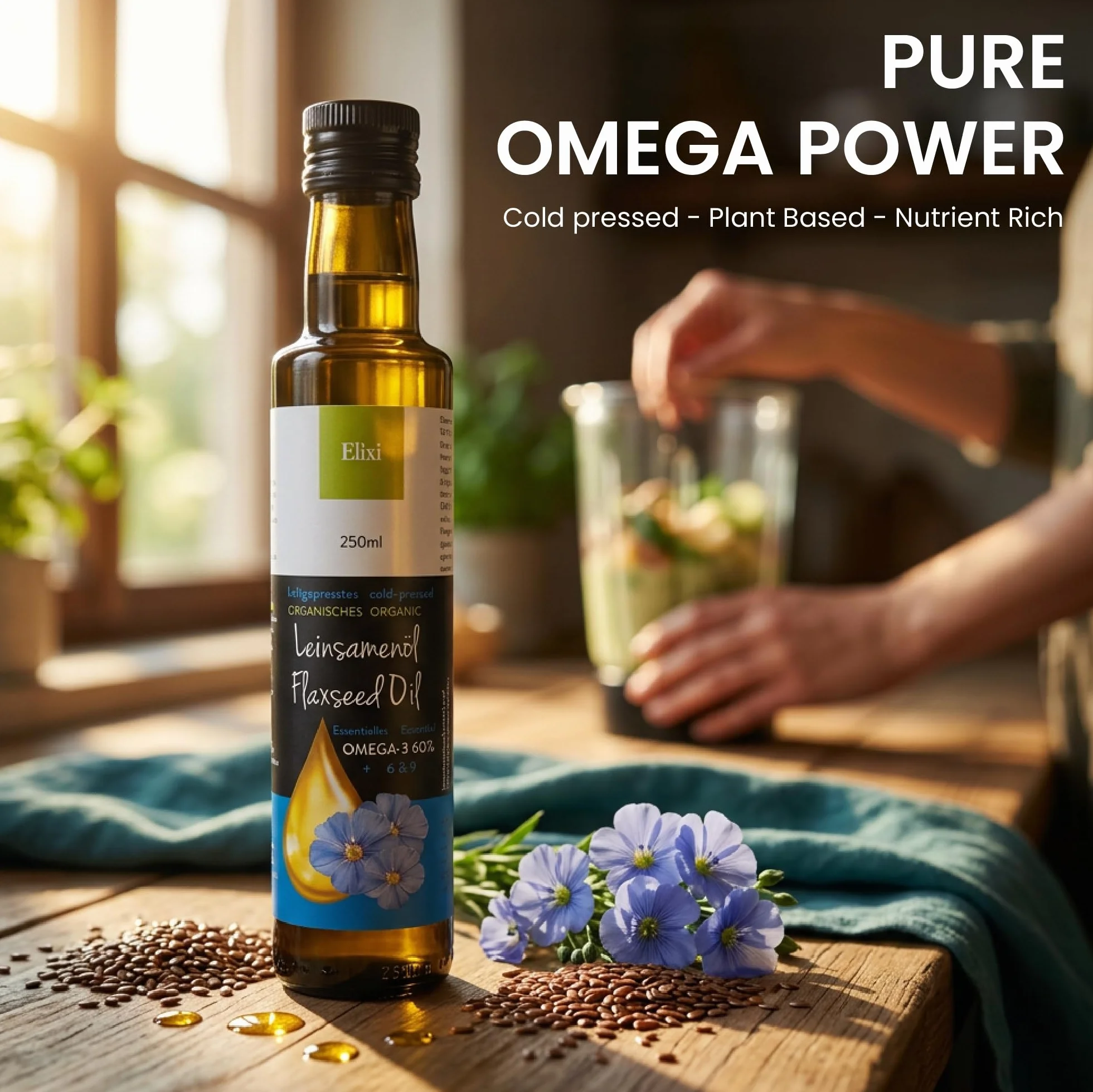 Elixi Olej lniany bio tłoczony na zimno 2x250 ml 500 ml Omega 3 ALA 59% Vegano Finlandia