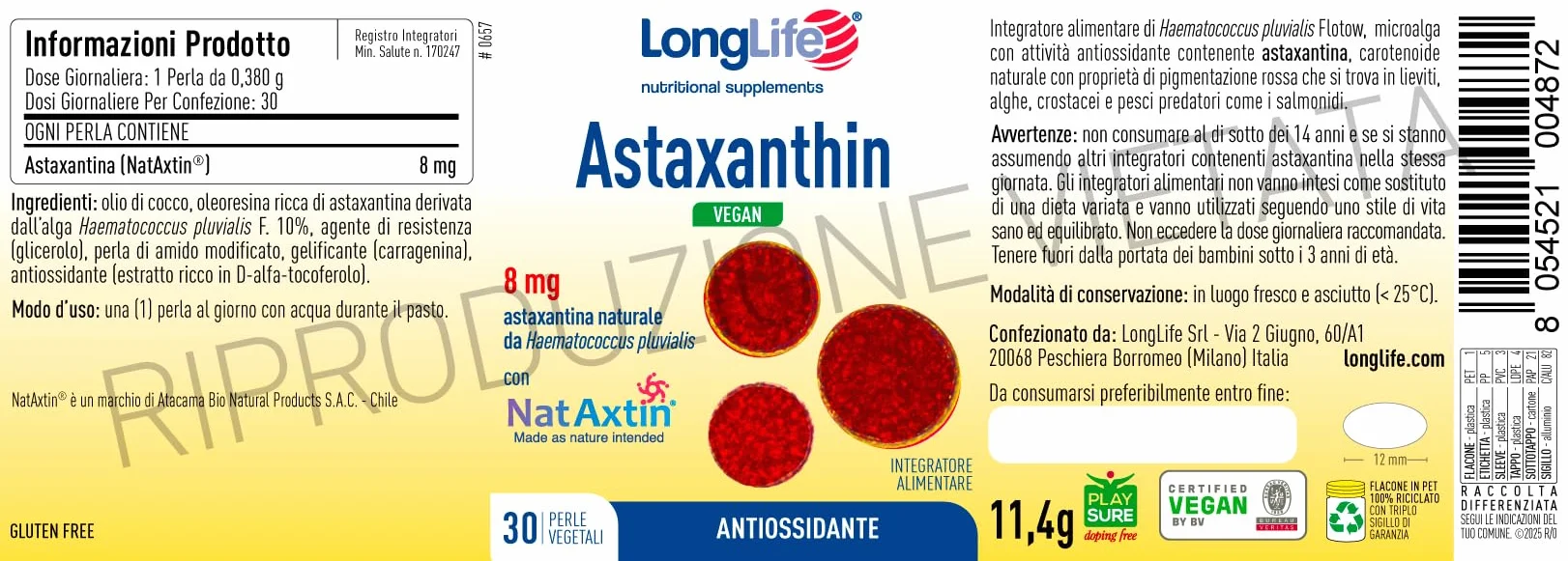 LongLife® Astaxanthin Vegan 8 mg Astaxantina naturale antiossidante pelle NatAxtin® 1 mese Vegano
