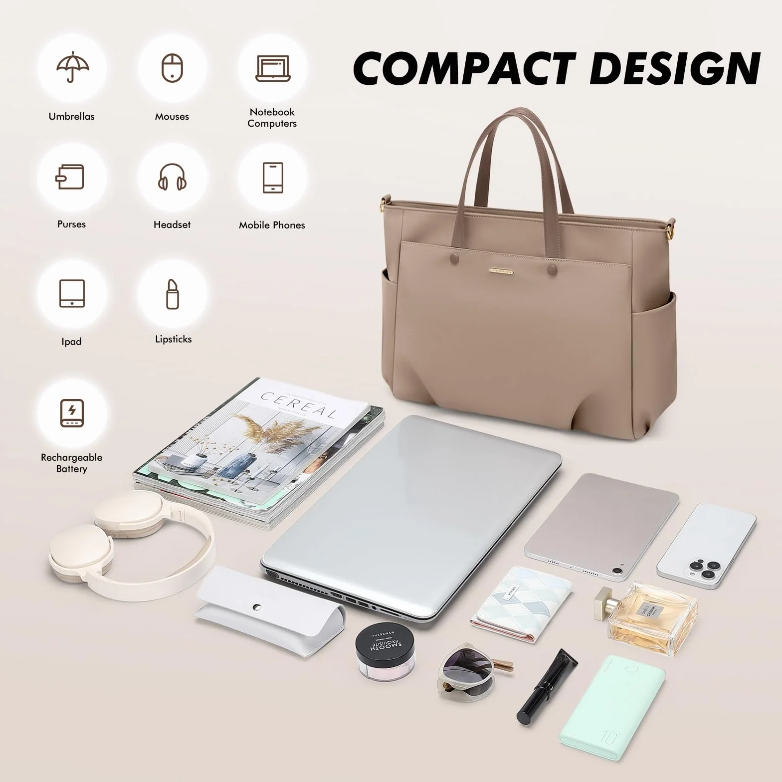 GOLF SUPAGS Borsa Tote per Laptop da 15 Pollici, Borsa a Tracolla per Computer Borsas da Lavoro Grande per Donna, Custodia per Laptop Borsas Elegante per Viaggi D'affari (Champagne)