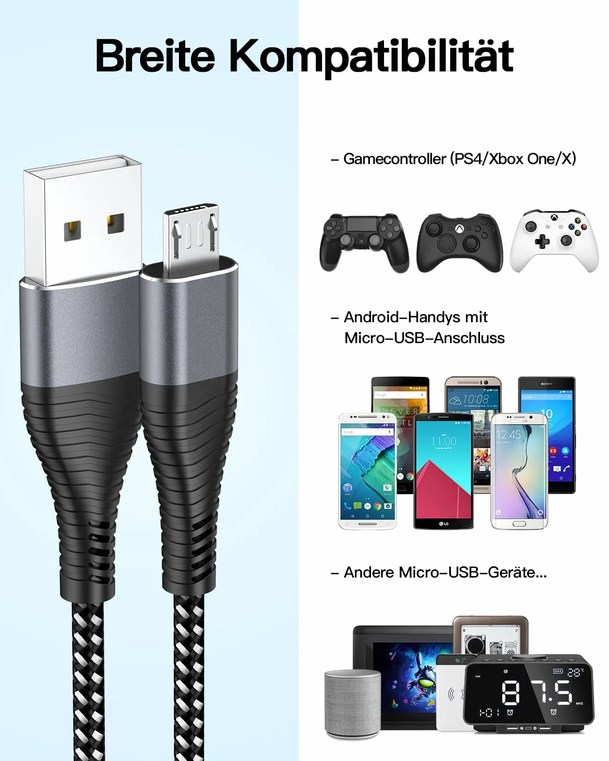 Cavo di ricarica per controller PS4, confezione da 2 pezzi, extra lungo 3 m, micro USB, con 2,4 A e 480 Mbps, compatibile con PS4, PS4 Slim, PS4 Pro, Xbox One, (vecchio) telefoni Android – Robusto e