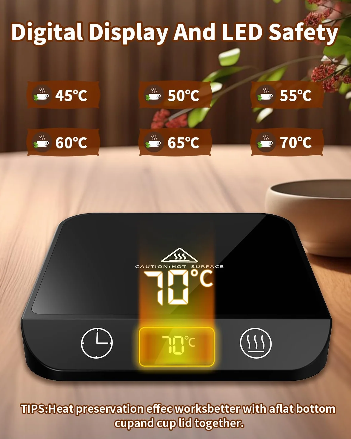 MYMULIKE Scalda Tazze, 6 Temperature (45 ℃-70 ℃), Display LED, Timer 1-12 Ore, Per Caffè, Tè, Latte, Scalda Candele, Vetroceramica, Nero