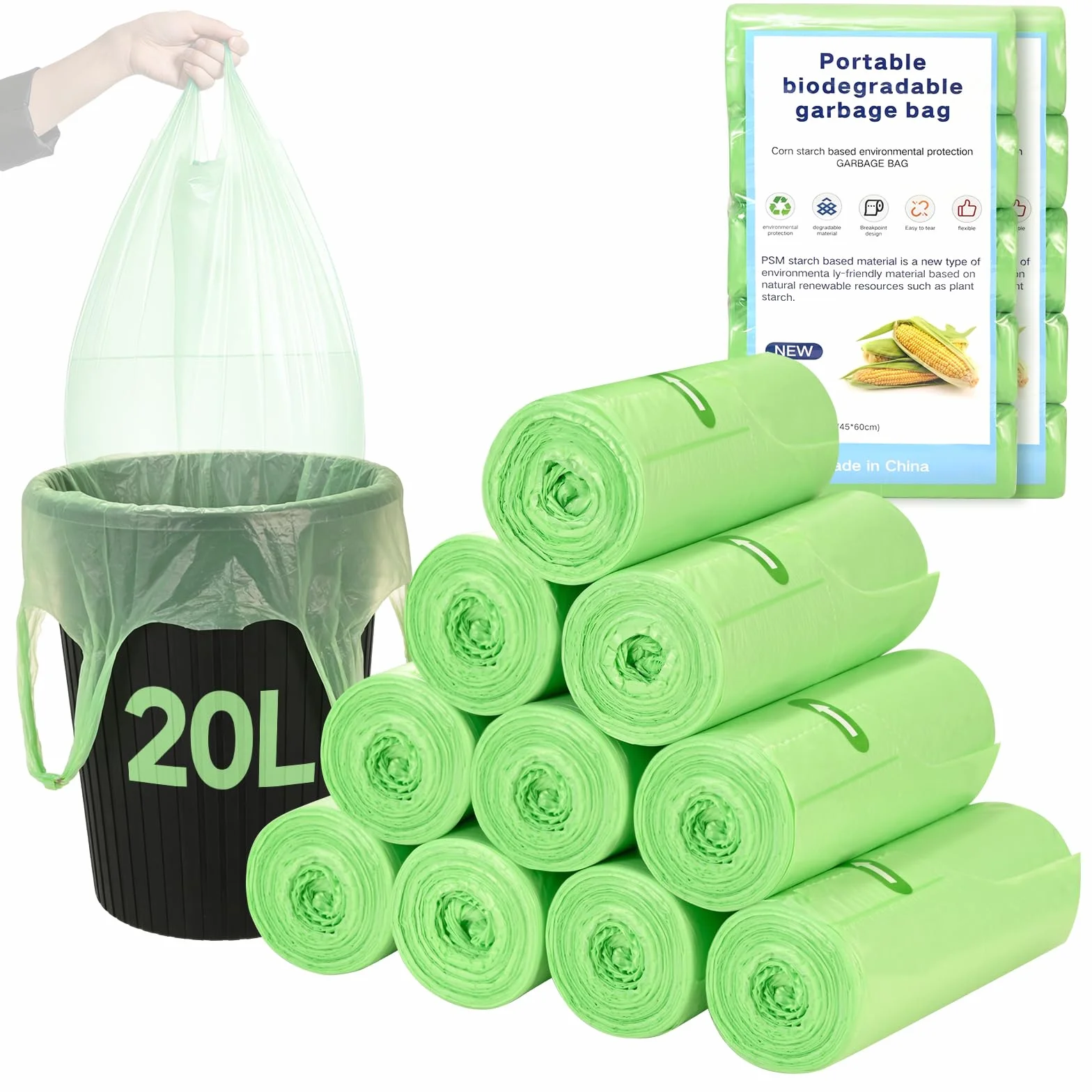 200 Pezzi Sacchetti Umido Biodegradabili 20L, 10 Rotoli 50x63cm Buste Immondizia con Manico