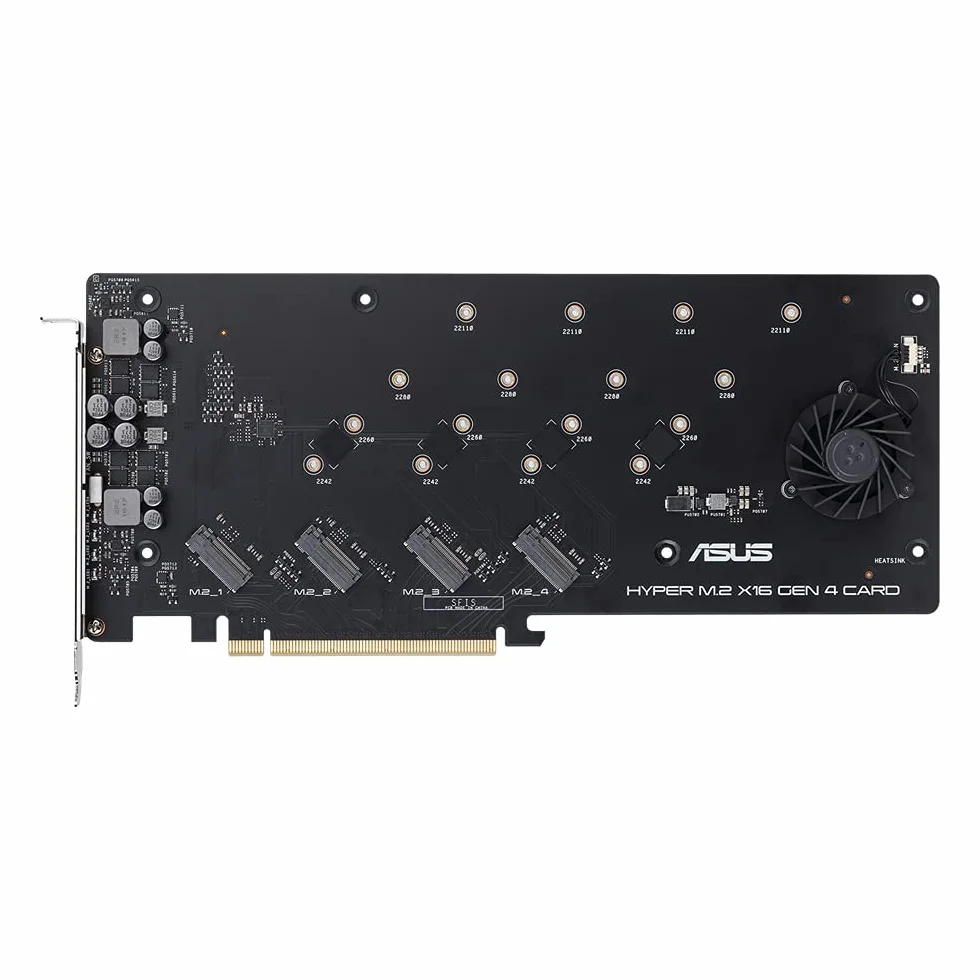 ASUS Hyper M.2 x16 Gen 4 (PCIe 4.0/3.0) Supporta 4X dispositivi NVMe M.2 (2242/2260/2280/22110) Fino a 256 Gbps per AMD TRX40 / X570 PCIe 4.0 NVMe Raid e Piattaforma Intel® Raid- funzioni su CPU