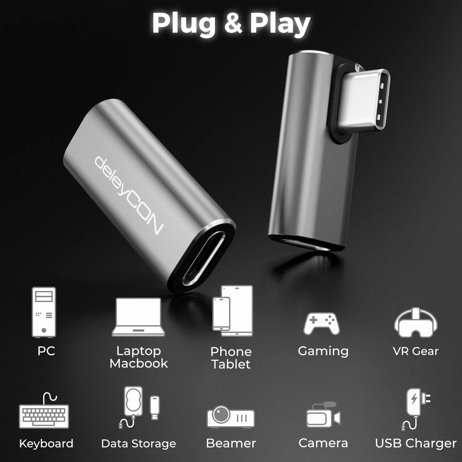 deleyCON Adattatore USB-C Angolo 90 Gradi (2 Pezzi) 40Gbps, 240W, 8K60Hz, Alloggiamento in Alluminio, Spina di Tipo C a Presa Compatibile con Smartphone Tablet Laptop Notebook PC Switch Eccetera.