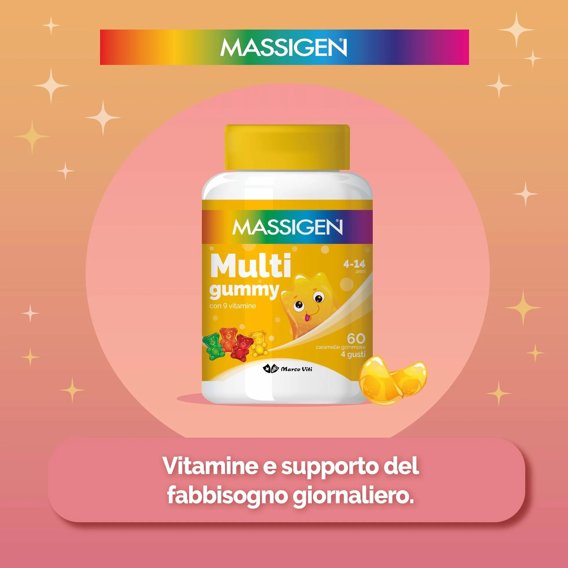 Massigen Multi Gummy Multivitaminico Bambini 4-14 Anni 60 Caramelle Vitamine A C E D B6 B12 Acido Folico Senza Glutine Lattosio