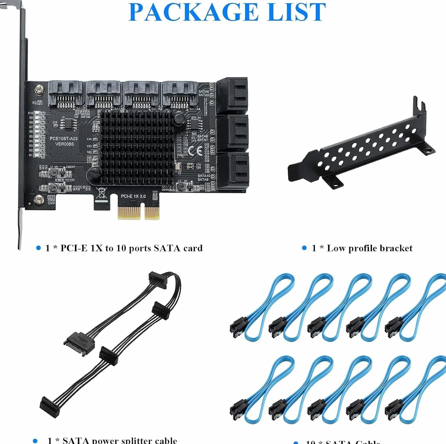 Scheda PCIE 1X SATA a 10 porte,Scheda di espansione PCIe con controller SATA 3.0 da 6 Gbps,Non Raid,Supporto 10 dispositivi 3.0,con supporto a basso profilo e 10 cavi (Chip: ASM1166)