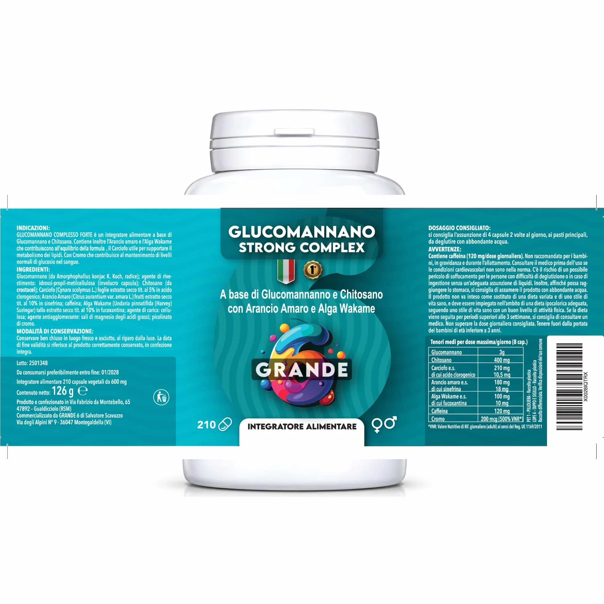 Glucomannano Forte 210 capsule 3000mg per dose giornaliera, alto dosaggio konjac fibra saziante